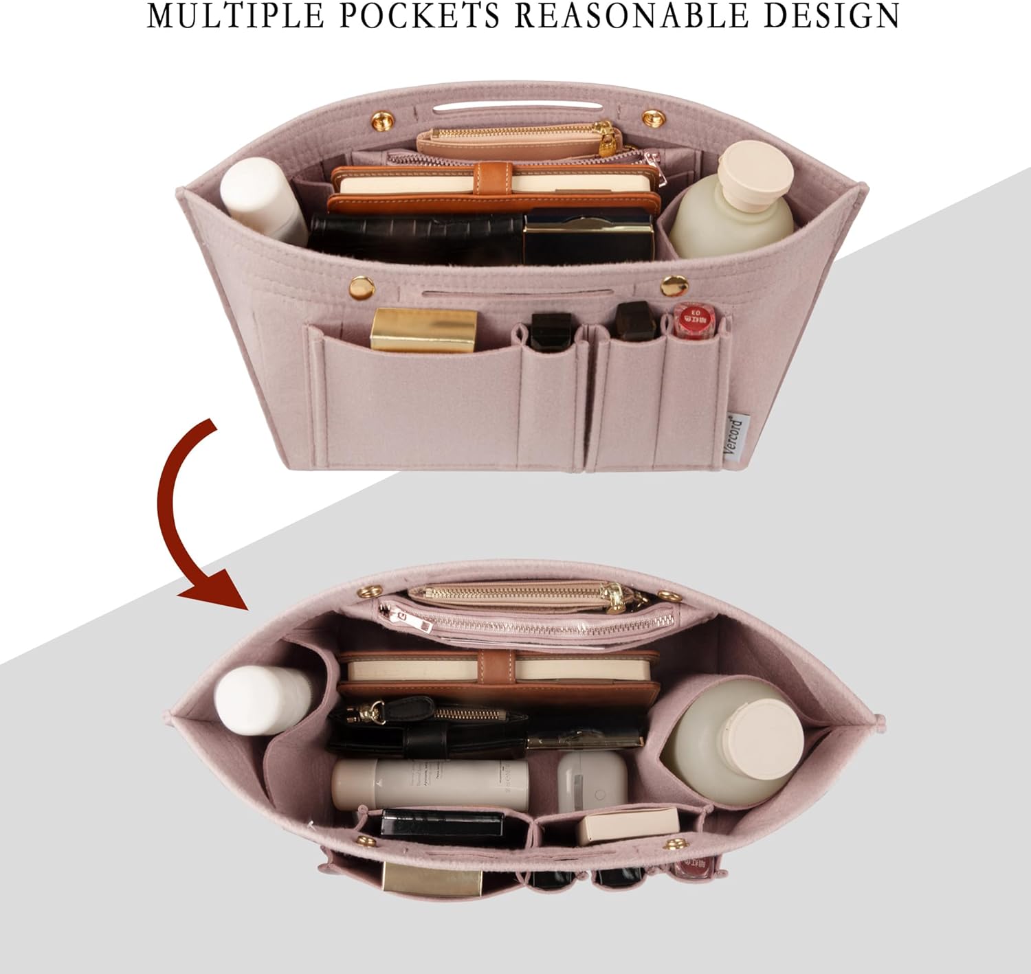 Vercord Purse Organizer Insert for Long champ Felt Organizer Insert with Zipper Handbag Insert Tote Shaper Storage Bag Beige L