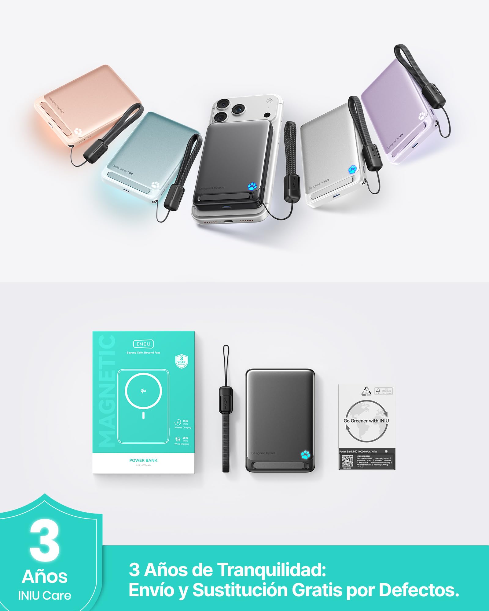 INIU Ultrafino 10000mAh Power Bank para MagSafe, Certificada Qi2 Original Carga Rápida Inalámbrica, 45W con Cable USB C & Soporte, Batería Magnética TSA de Viaje, Compatible con Serie iPhone 17-12