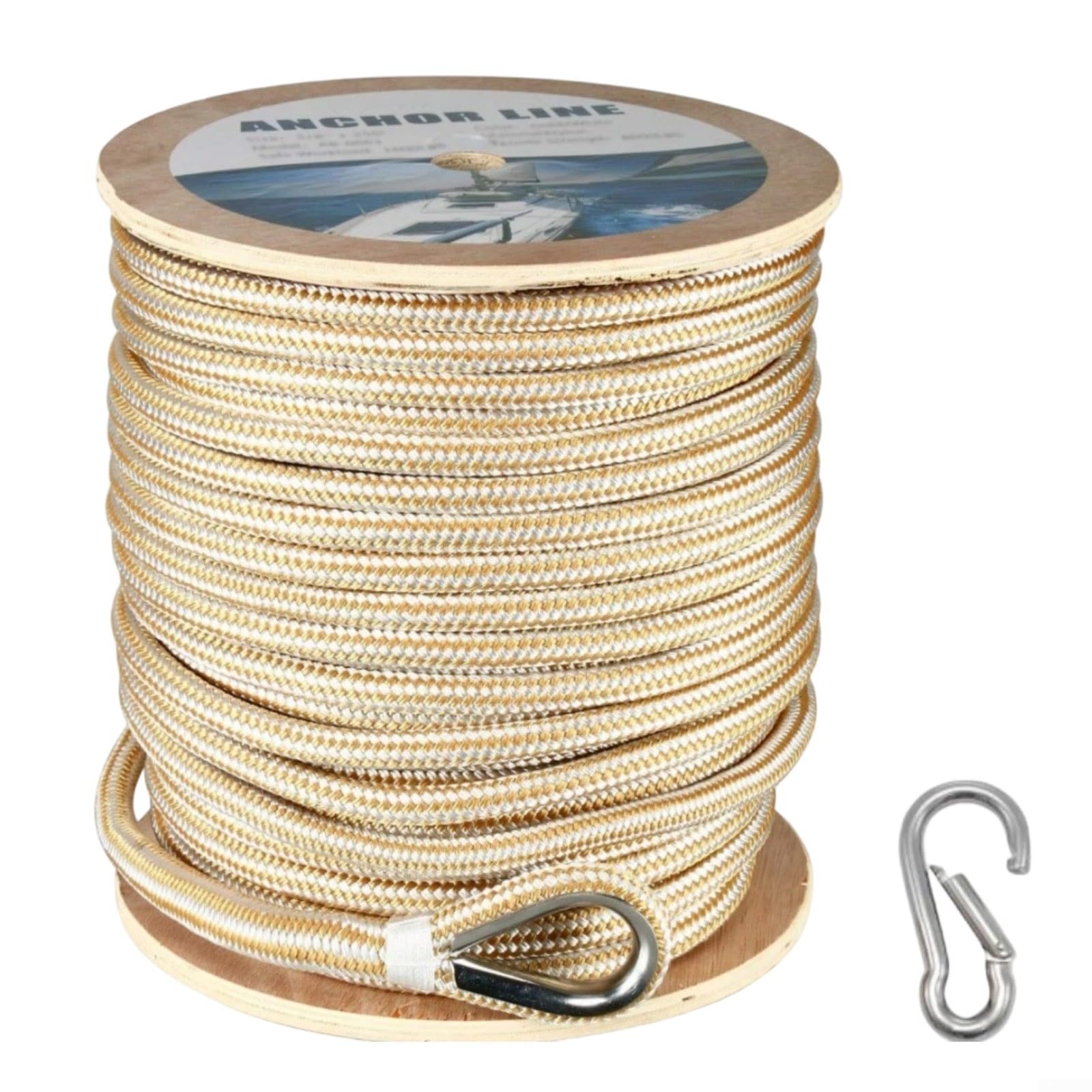 Entgoinggo Nylon para línea de anclaje trenzada, con dedal de acero inoxidable 316, para amarre y atraque en entornos marinos de agua salada (100 pies negro + arco)
