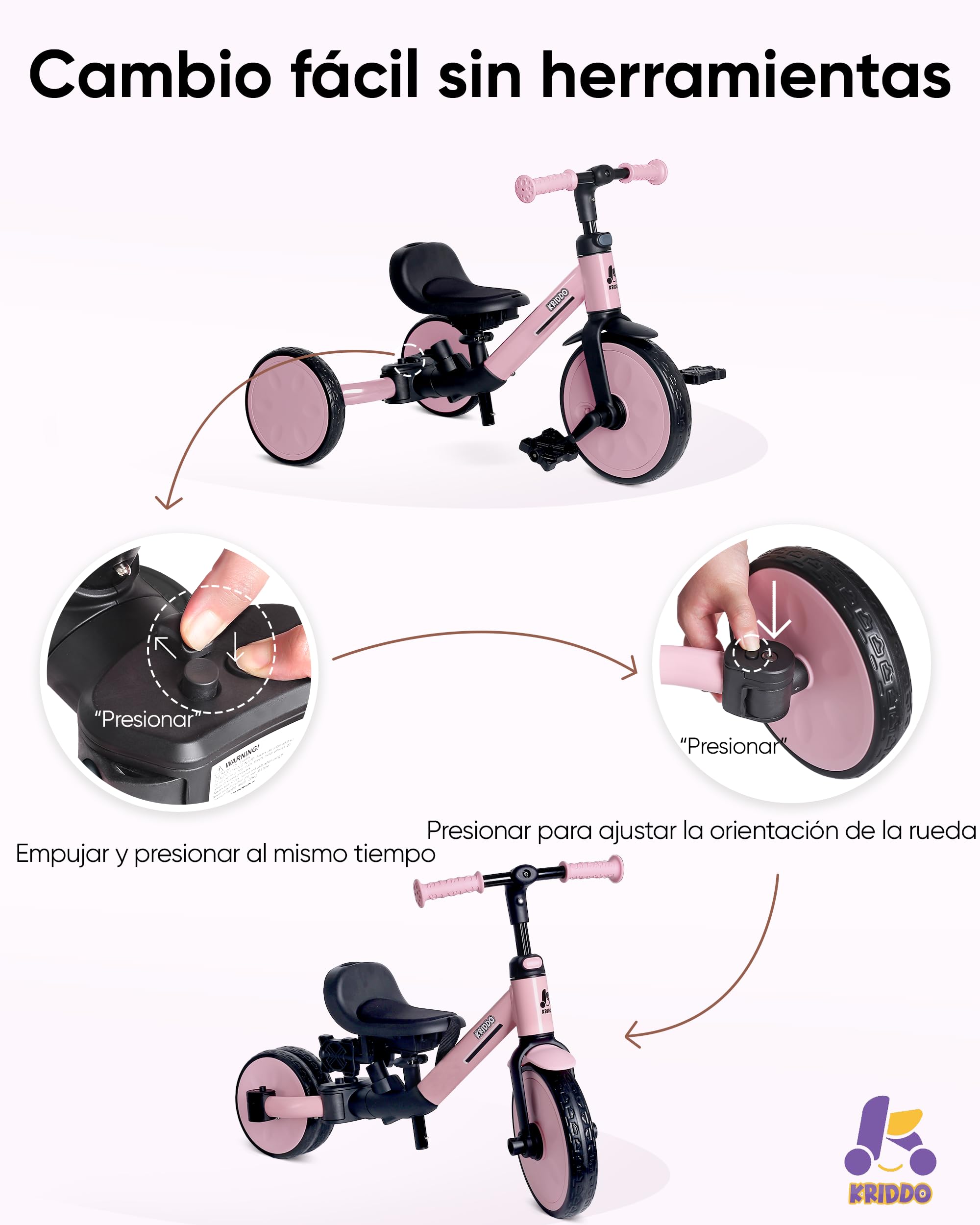KRIDDO Triciclo Evolutivo 7 en 1 para Niños de 18 Meses a 5 Años – con Barra de Empuje, Triciclo y Bicicleta con o sin Pedales, Arnés de 3 Puntos, Bolsa de Almacenamiento, Rosa