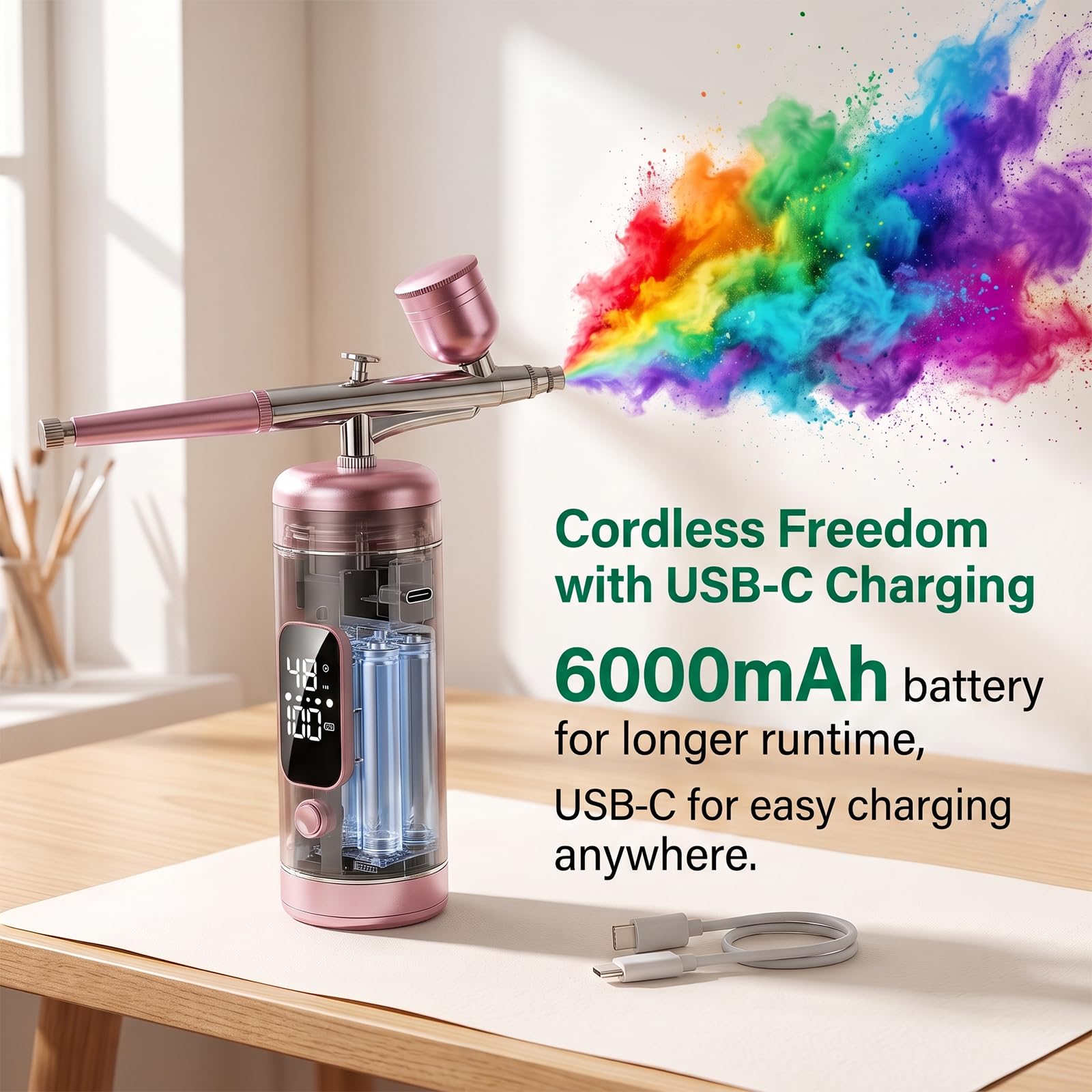Kit d'aérographe sans fil avec compresseur, haute pression 48 psi, rechargeable 6000 mAh, 3 vitesses réglables, buses de 0,2/0,5 mm et 3 tasses, non obstruant pour gâteaux, modèles, maquillage