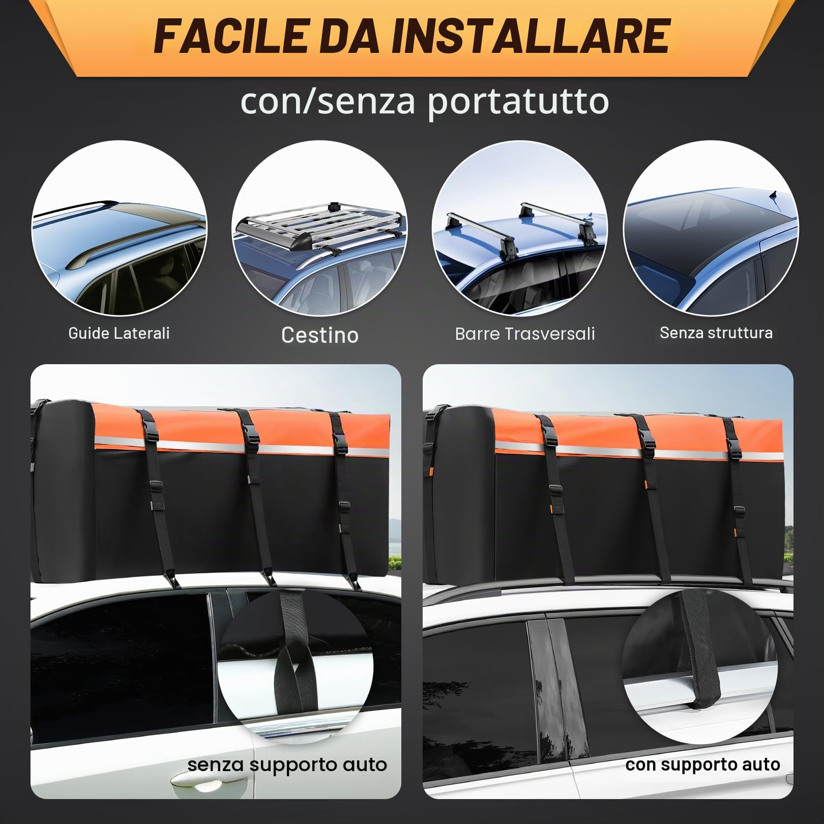 Sailnovo Box da tetto per auto, 21 piedi cubi, pieghevole, con tappetino antiscivolo, 6 ganci per porta, in PVC 1000D, per auto con/senza barra trasversale per portapacchi (arancione)