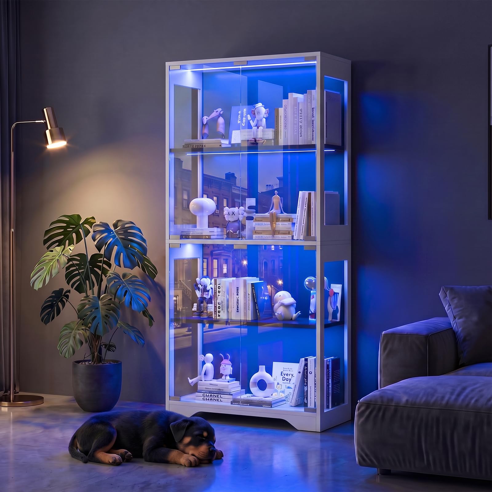 JUMMICO Glasvitrine mit RGB Beleuchtung LED, 80 x 35 x 165,5(H) cm (Weiß)