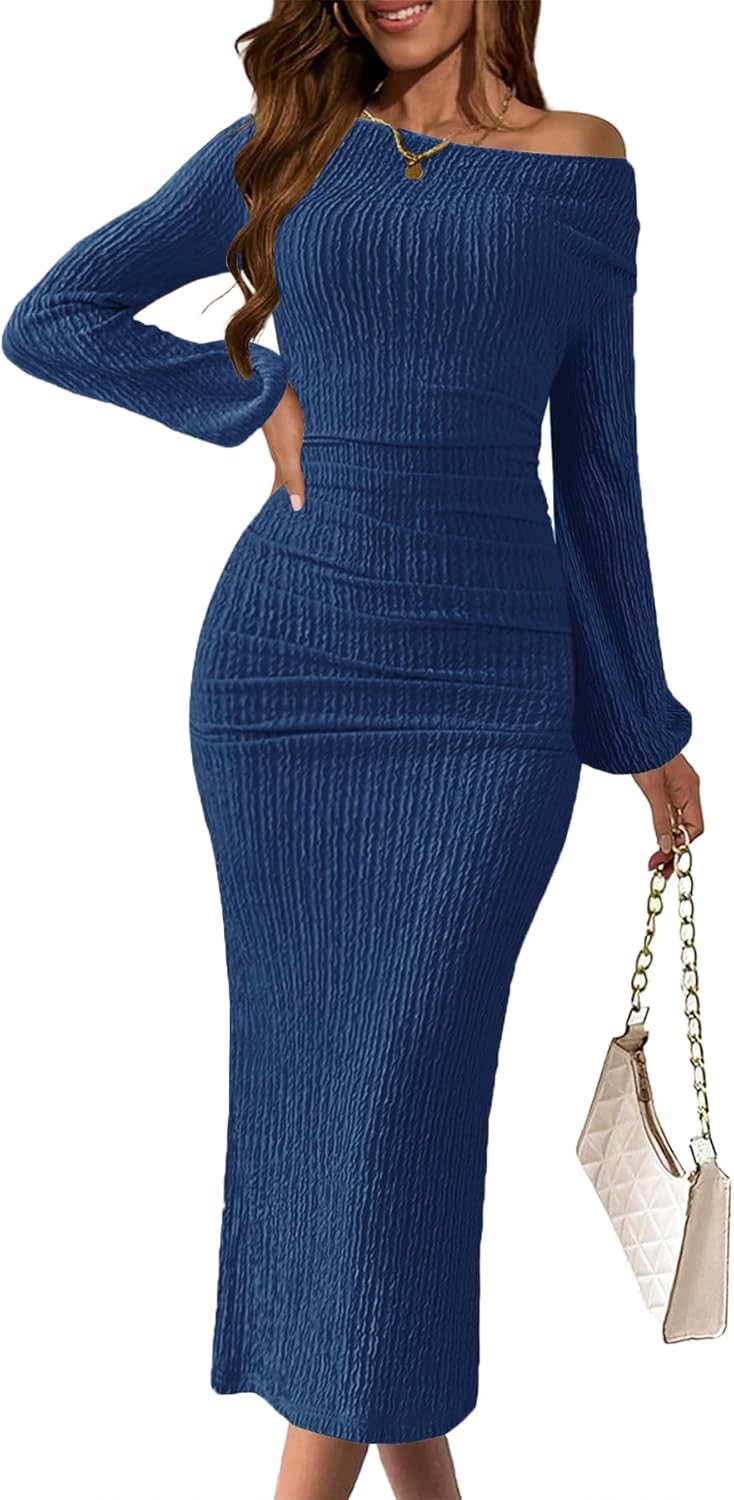 MITILLY Fall Long Sleeve Dress for Women Formal One Shoulder Bodycon Ruched Wedding Guest Midi Dresses