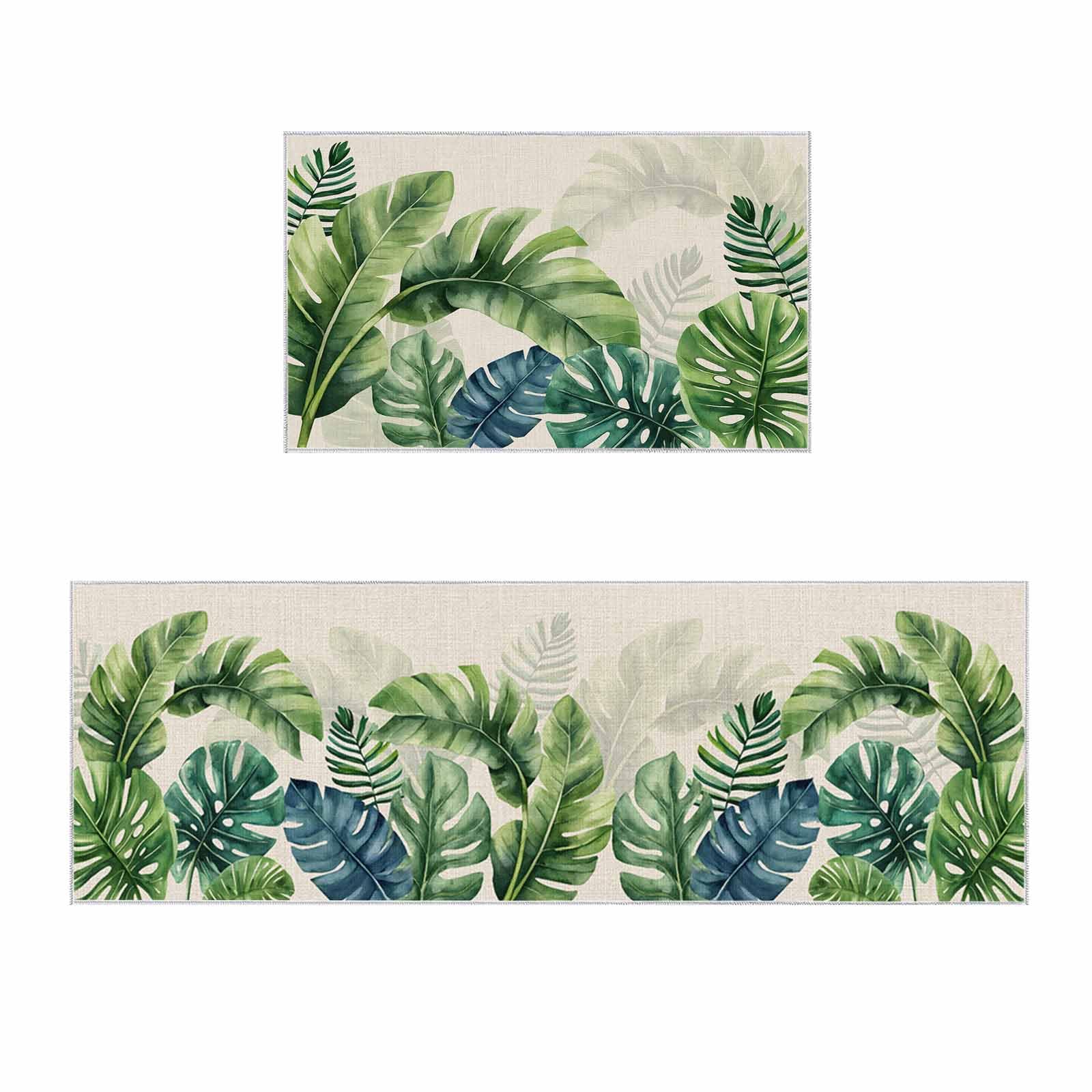2 Pieces Kitchen Rugs and Mats,Summer Green Palm Leaf on Linen Area Runner Rug Set Non Slip Floor Doormat Washable Carpet Standing Mat for Kitchen Sink Indoor Corridor,Retro Watercolor Tropical Plant
