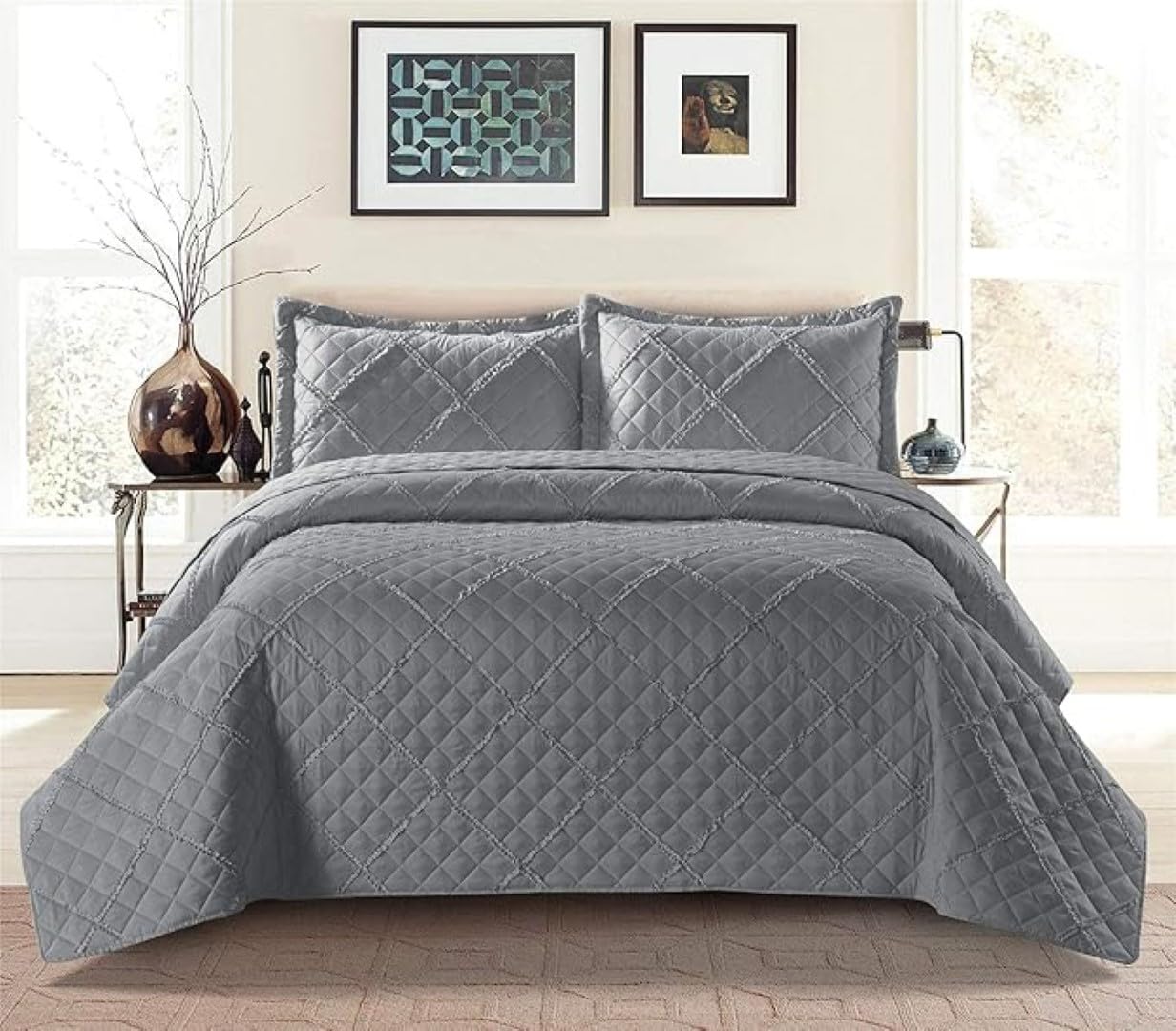 PRIME LINENS Quilted Bedspread Embossed Pattern Comforter Coverlet Ruffle Bedding Set Bed Throw With 2 Pillow Shams (Ruffle Grey, King)