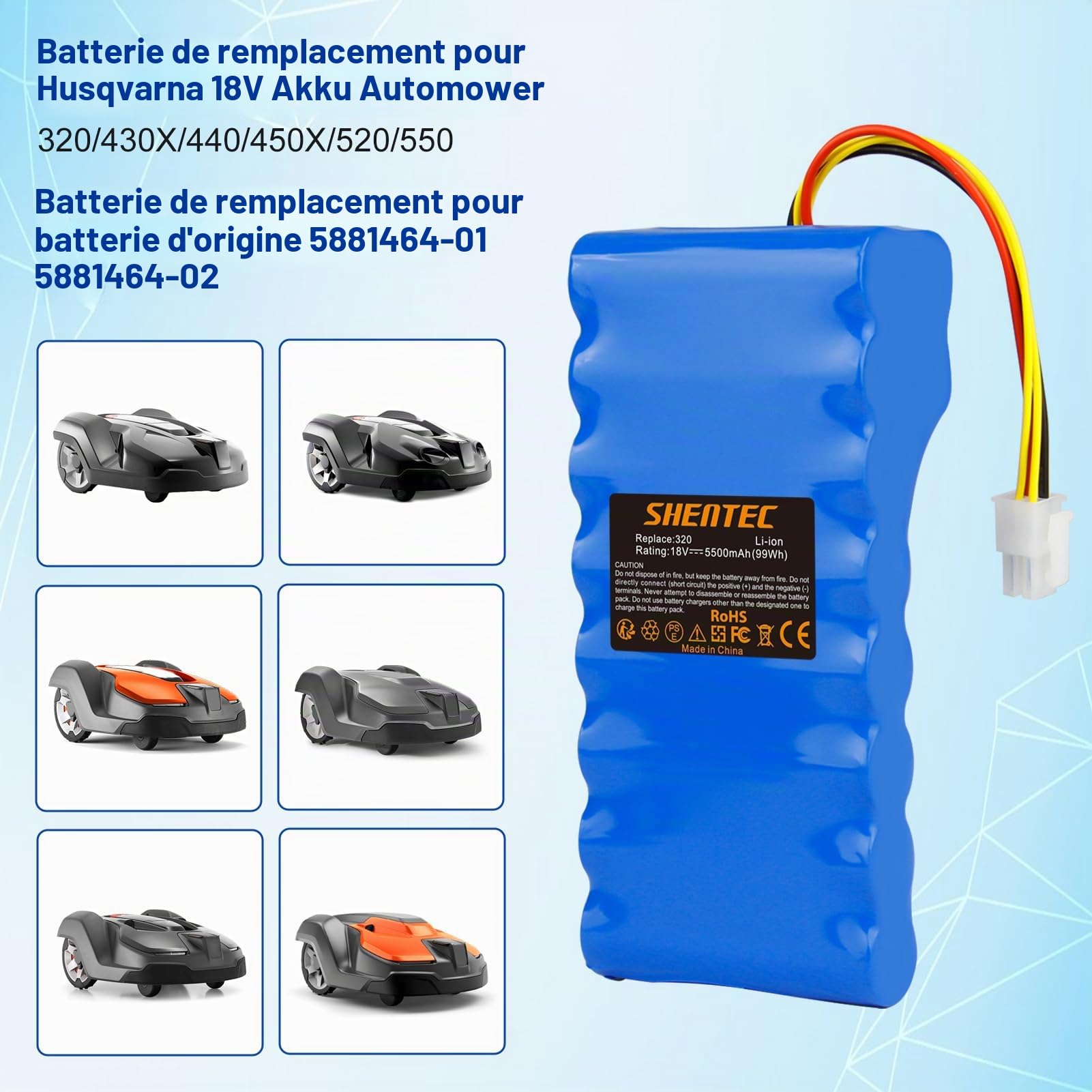 Shentec Batterie de Rechange Li-ION 18V 5500mAh pour Robot Tondeuse Husqvarna Automower 320, 440, 450X, 520, 550, pour Robot Tondeuse 5881464-02, 5881464-02