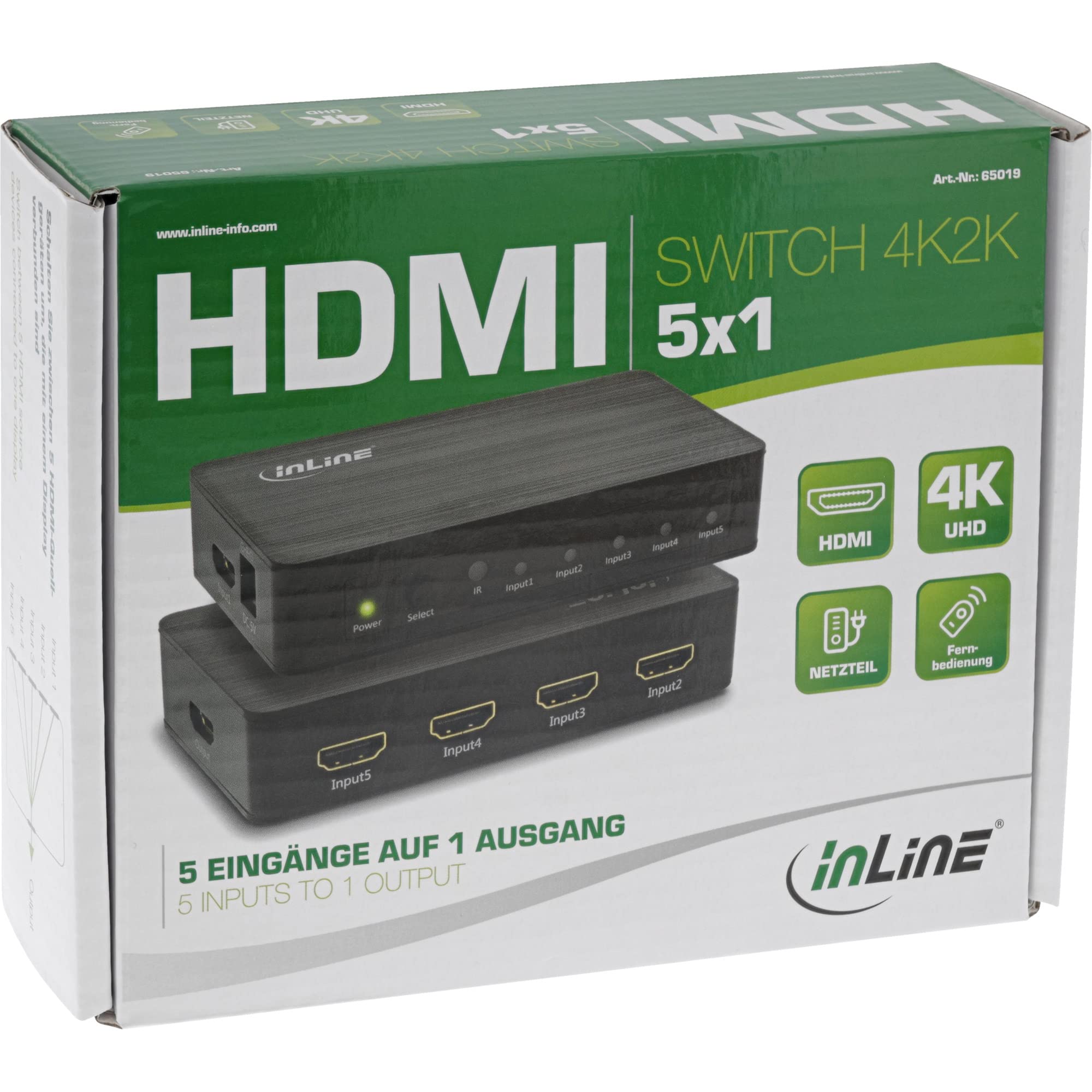 InLine 65019 - Conmutador HDMI (5 Compartimentos, 4K2K@60Hz, HDCP 2.2), Color Negro