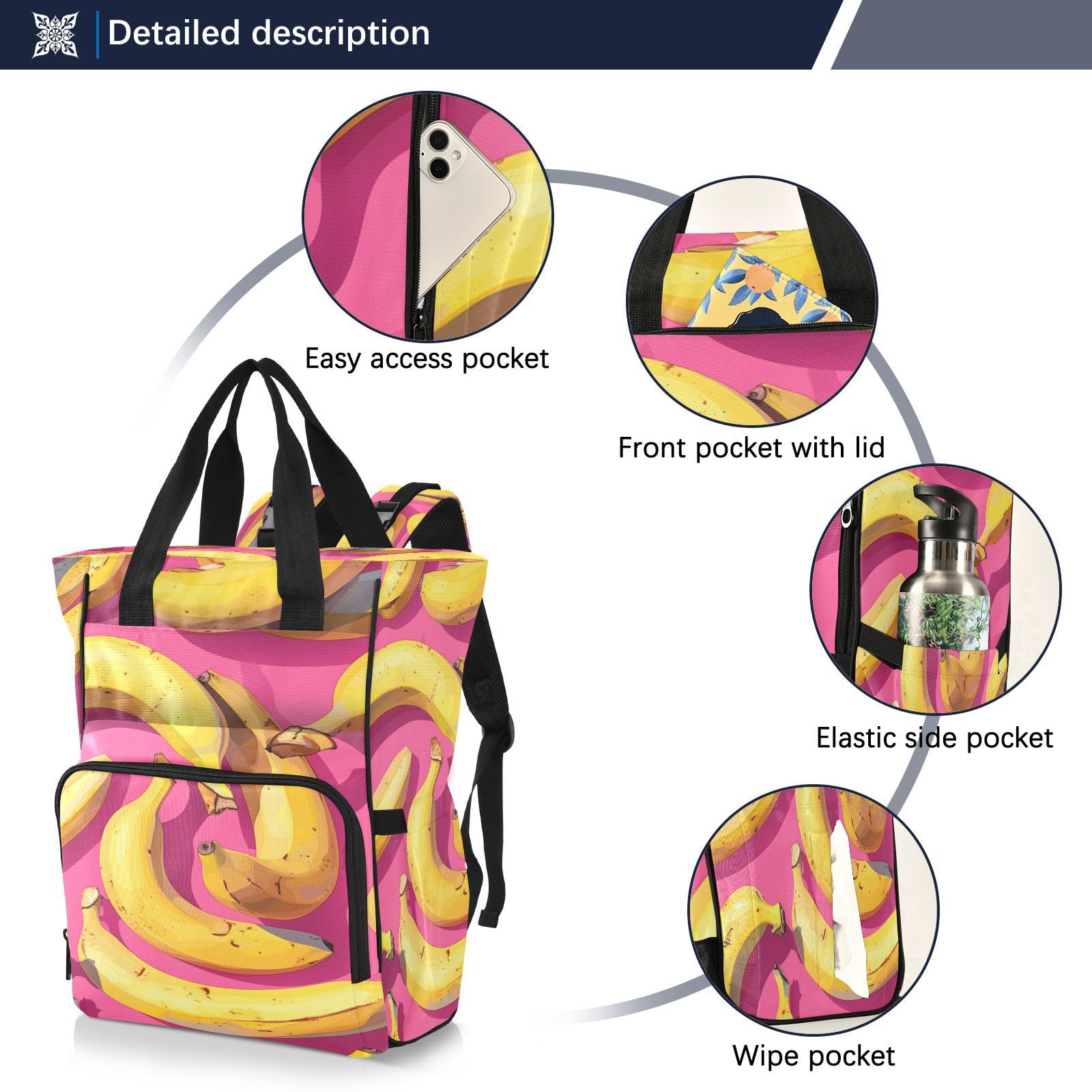 PláTanos Lindos De La Fruta Bolsa de Pañales Mochila de Viaje Gran Capacidad Bolsas para Mamá Papá Mujeres Niñas