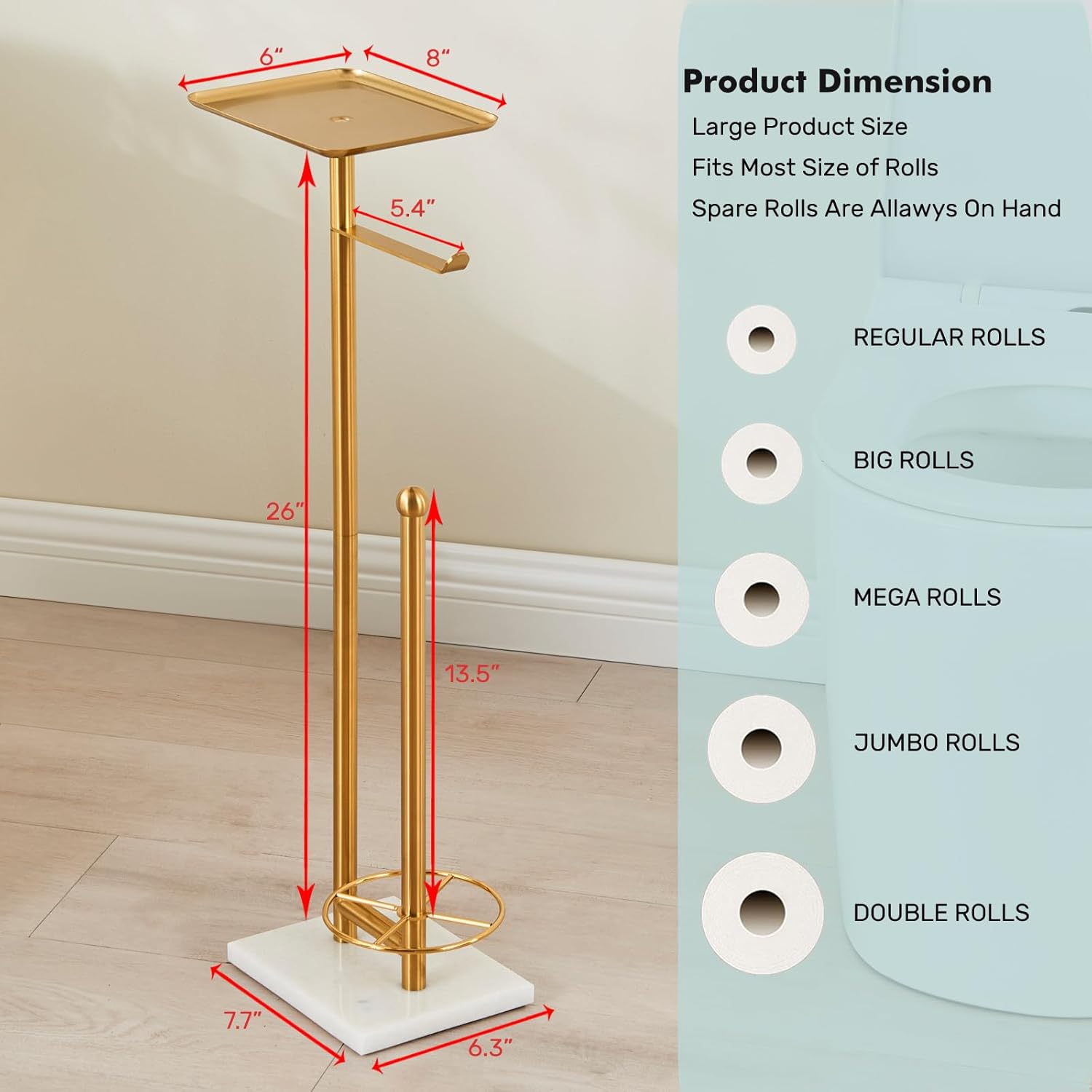 Toilet Paper Holder with Tray at The Top, Sturdy Marble Base No Wobby, Holding Extra 3 Toilet Paper Rolls As Spare Use, Freestanding No Drilling (Gold)