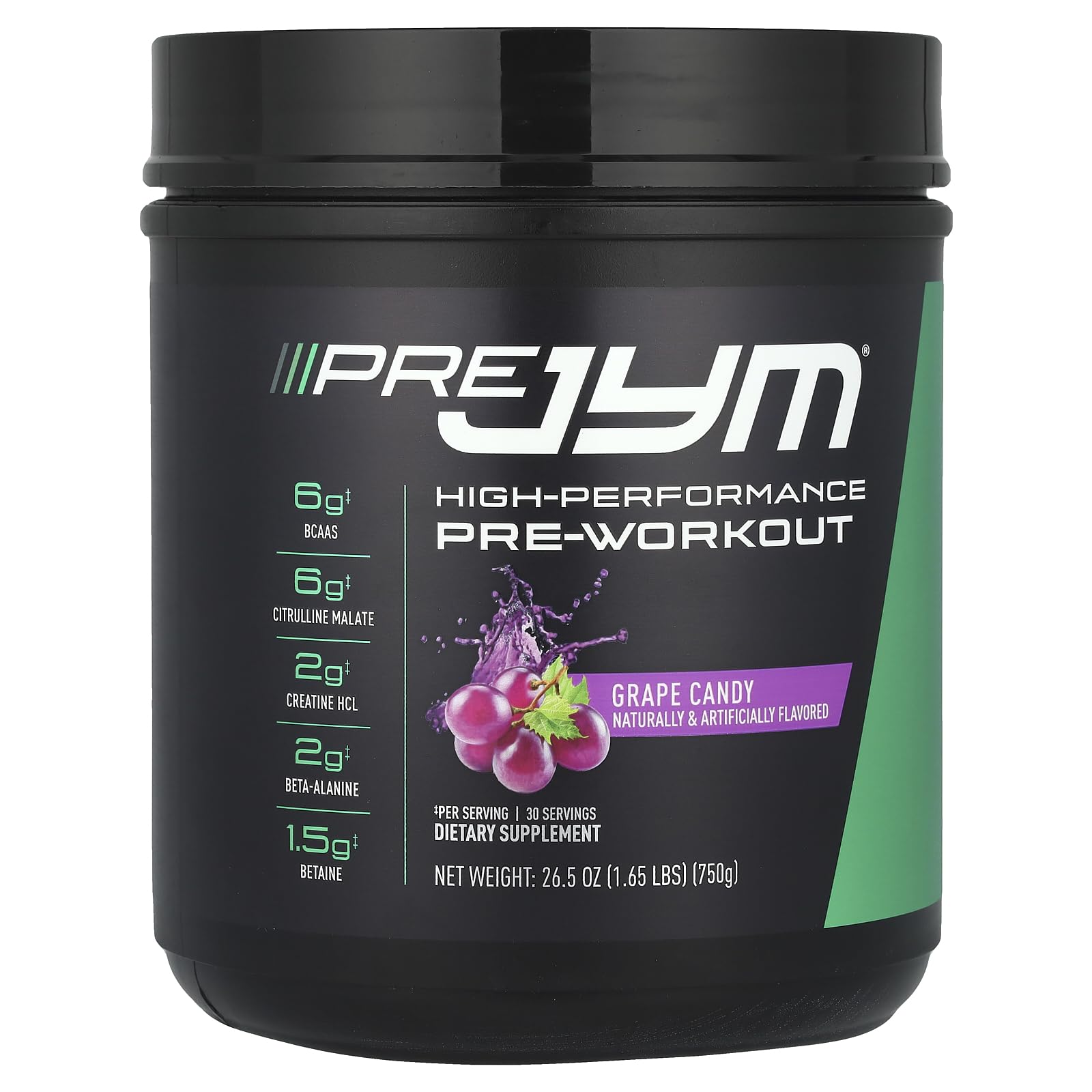 JYM Supplement Science Pre JYM Grape Candy Pre Workout Powder - BCAAs, Nootropics, Creatine HCI, Citrulline, Beta-Alanine, Betaine, Taurine, Huperzine 30 Servings