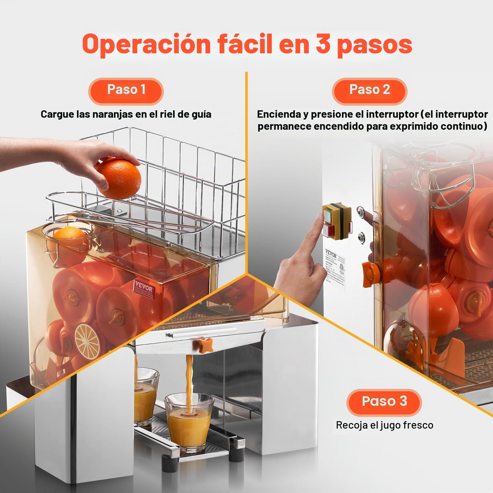 VEVOR Exprimidor de Cítricos Eléctrico Comercial Extractor de Zumo 120W Alimentación Automática con Filtro Extraíble Cubo Recolector de Cáscaras para Naranja, Pomelo, Restaurante, Cafetería, Frutería