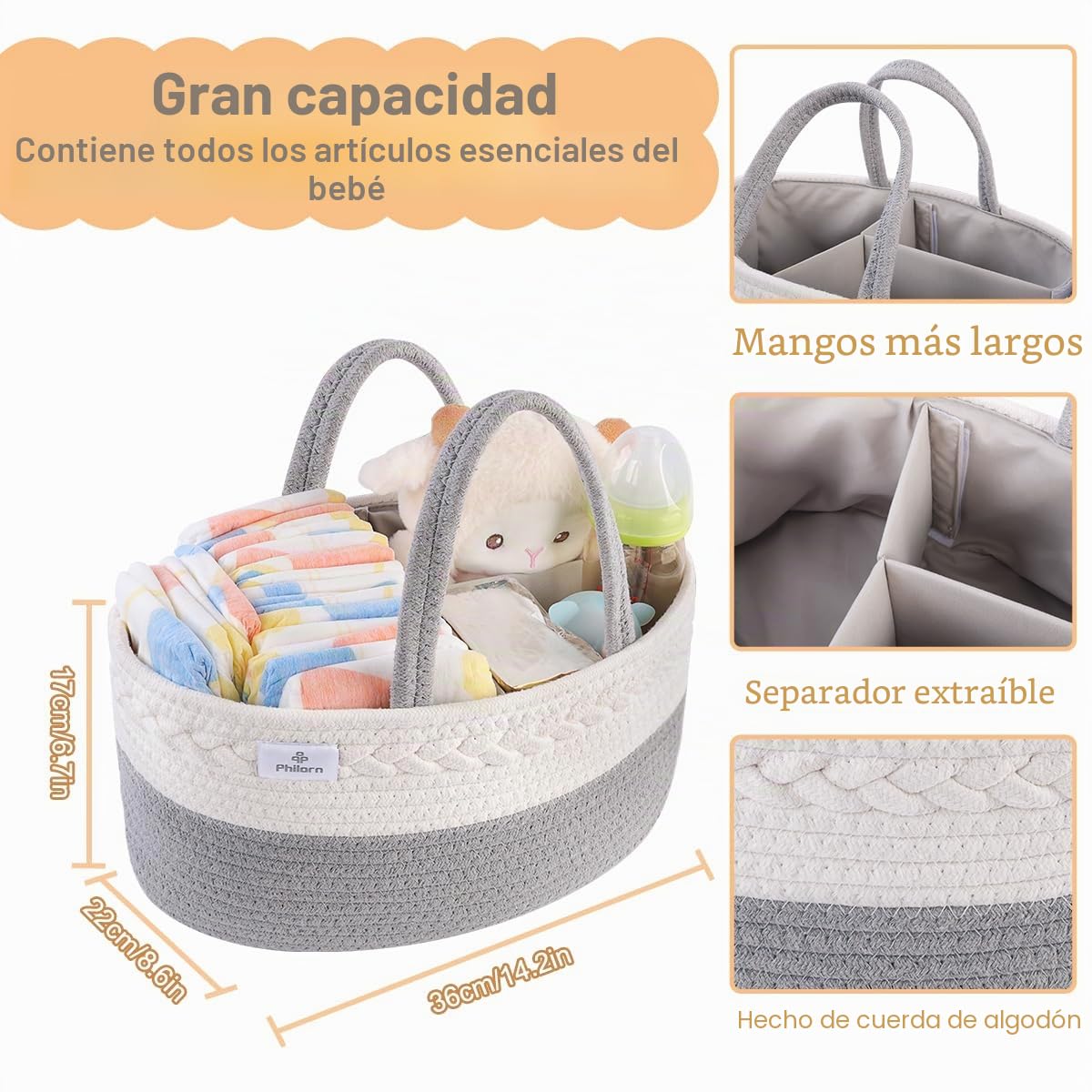 PHILORN Organizador de Pañales para Bebé, Canasta de Almacenamiento Portátil de Pañales Tejidos con Cuerda de Algodón con Compartimentos Extraíbles, Organizador de Carrito de Pañales para Bebés