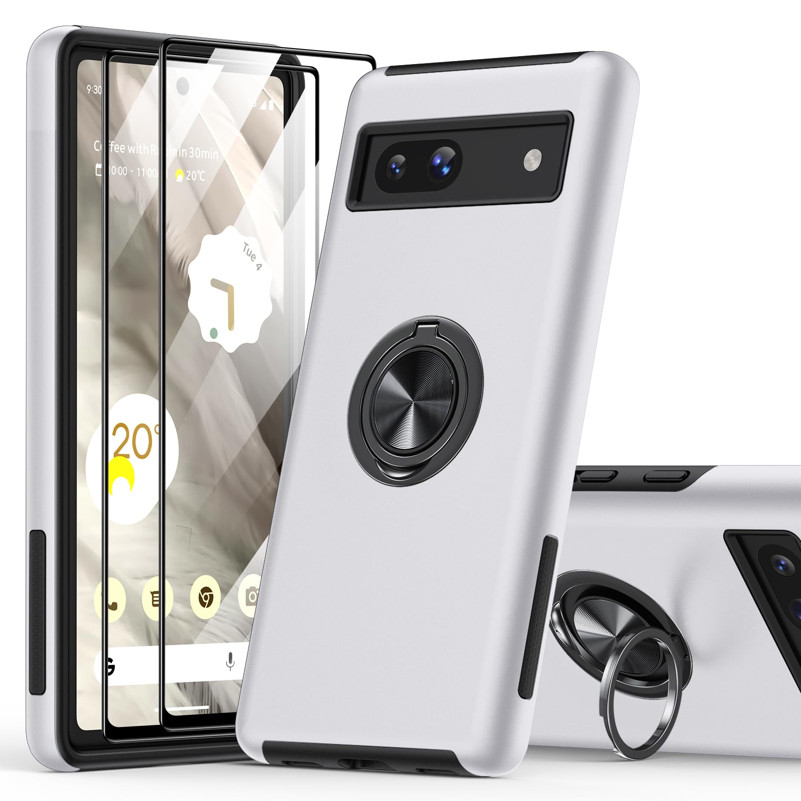 KOVASIA Google Pixel 7A Case with 2-Pack Tempered Glass Screen Protector, 360° Rotating Metal Ring Stand Anti-Scratch Shockproof Phone Cover 3 in 1 Phone Case for Google Pixel 7A 5G 6.1", Silver