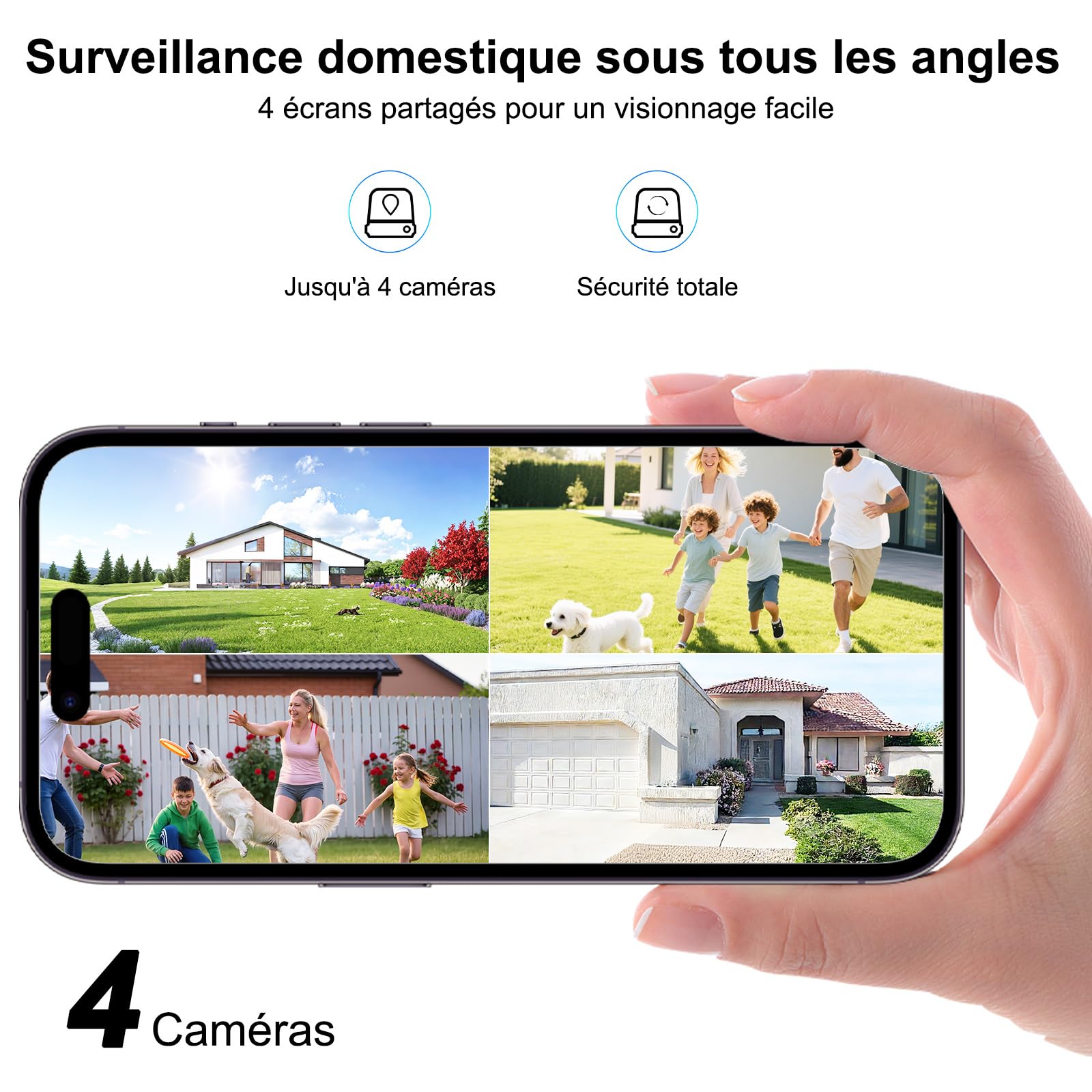 4K Camera Surveillance WiFi Exterieure sans Fil,Kit de 4 Caméras Solaires Extérieur avec Home Station,sans Abonnement,Stockage Local Intégré 32 Go,360° PTZ,Suivi Automatique,Vision Nocturne,2,4/5 GHz