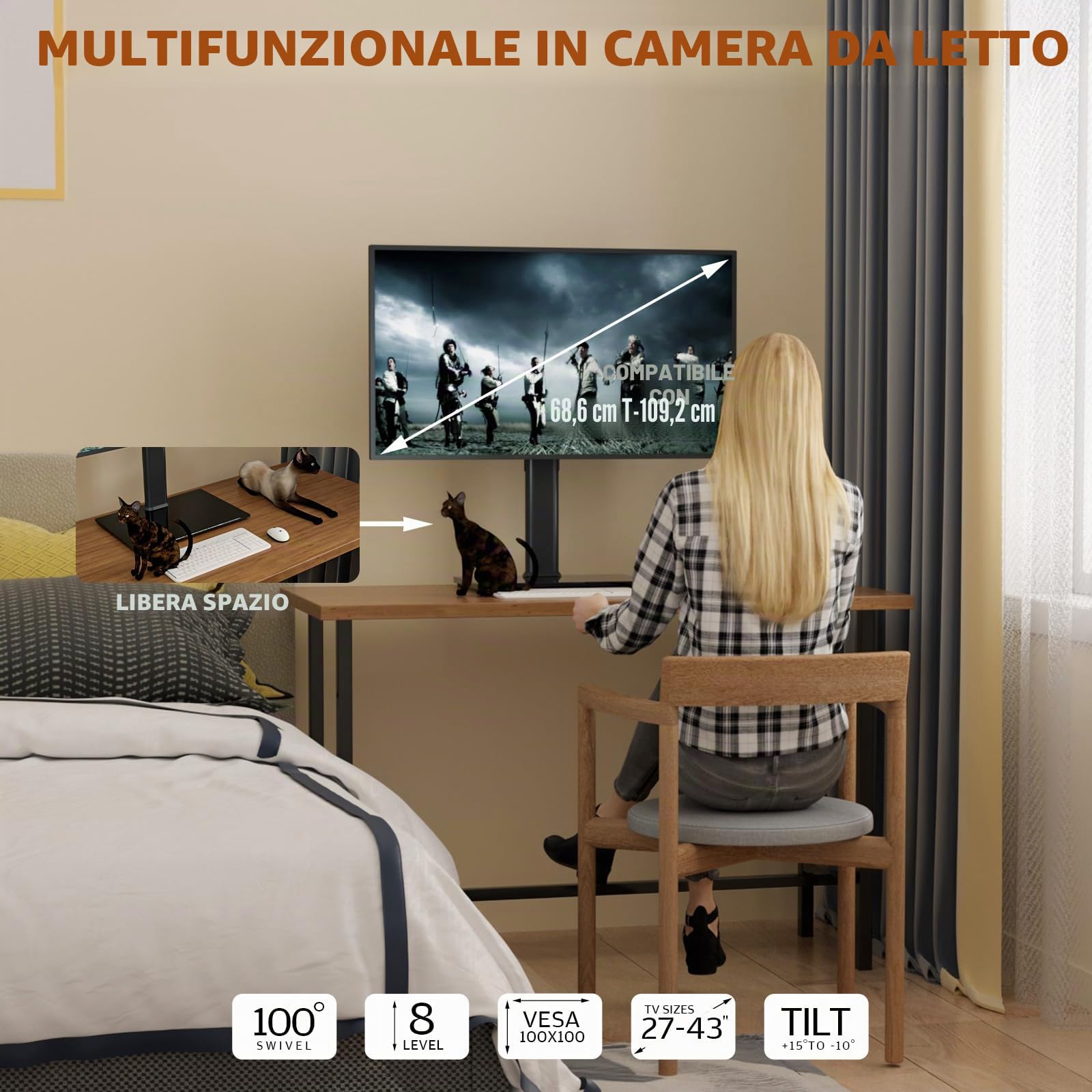 Hemudu Supporto Singolo per Monitor da 27 a 43 pollici, Alto Supporto Monitor da Scrivania con Base Regolabile, Monitor Braccio fino a 35kg con girevole ± 45 °