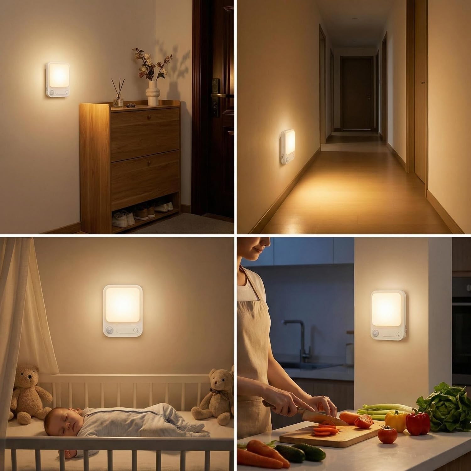 ORIA Lampka nocna do gniazdka z czujnikiem ruchu, 2 sztuki, ściemnialna, 5 poziomów jasności, 4 tryby, lampka nocna LED do wnętrz dla dzieci i niemowląt, 2700K ciepła biel