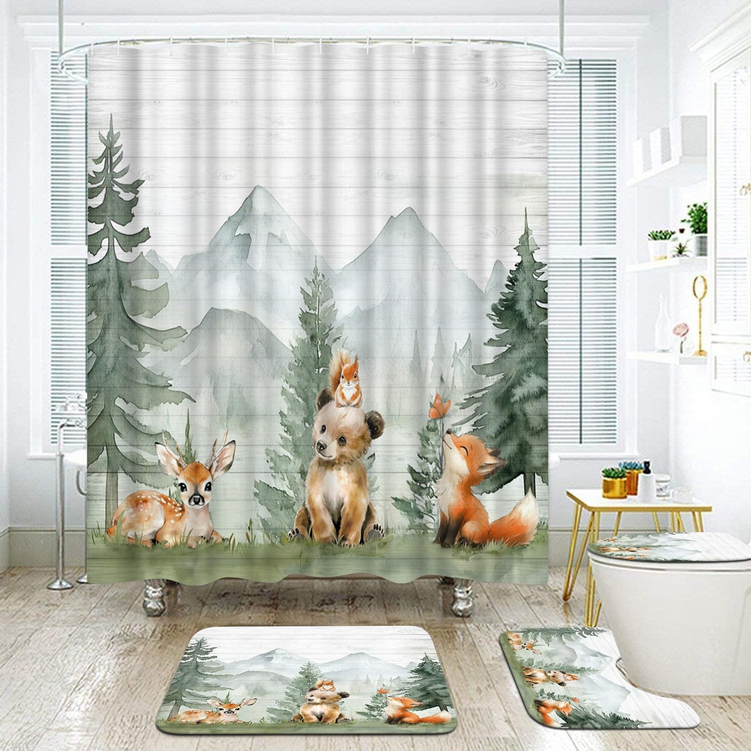 Wooden Forest Animals Shower Curtain 4 Pieces Set Bear Deer Kids Bathroom Decor for Boy Girl