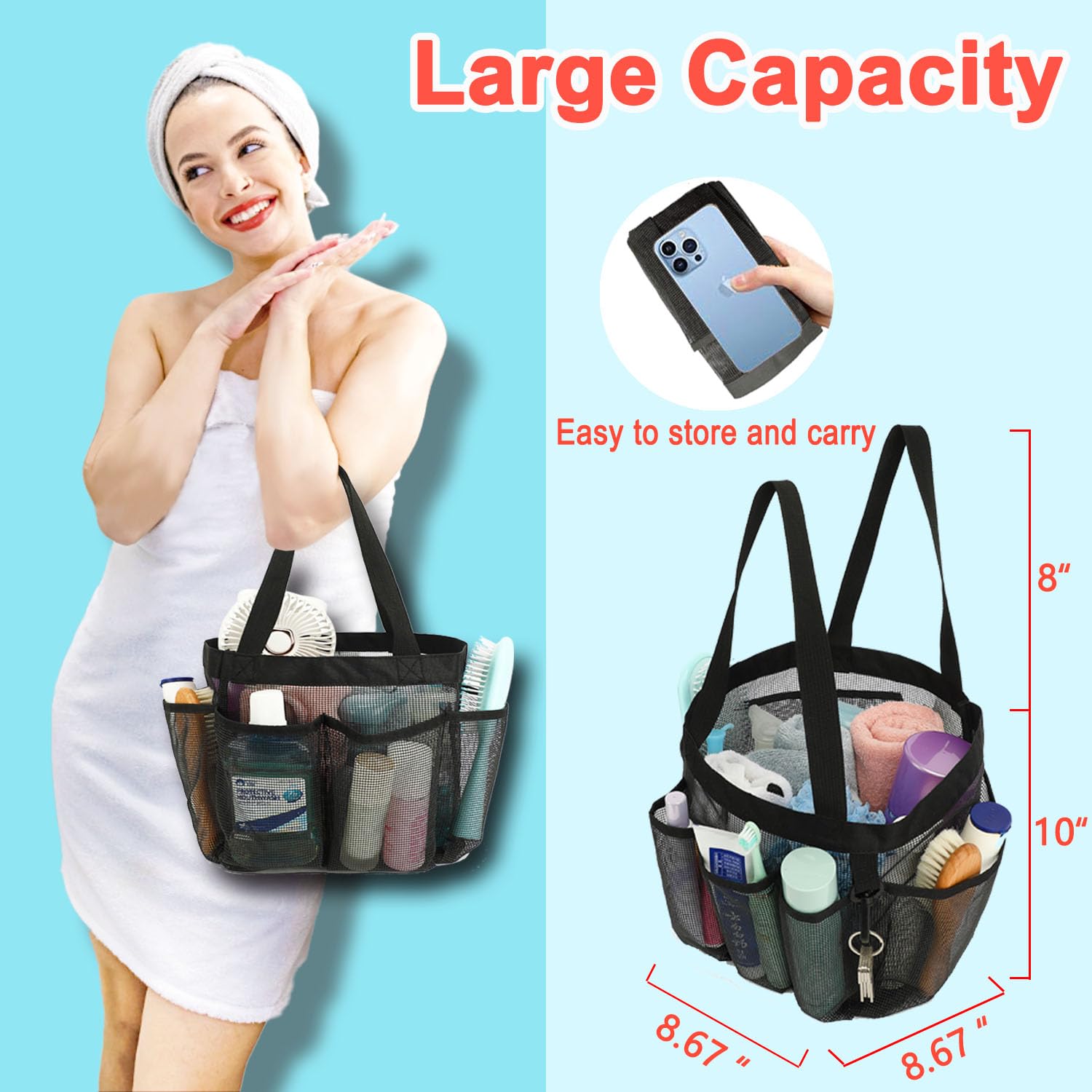 Fammart Mesh Shower Caddy Portable for College Dorm Room Essentials with 7 Upgraded Deeper Pockets, Quick-Dry Large Shower Basket Tote Bag with 2 Handles for Toiletry, Bathroom, Camp, Gym