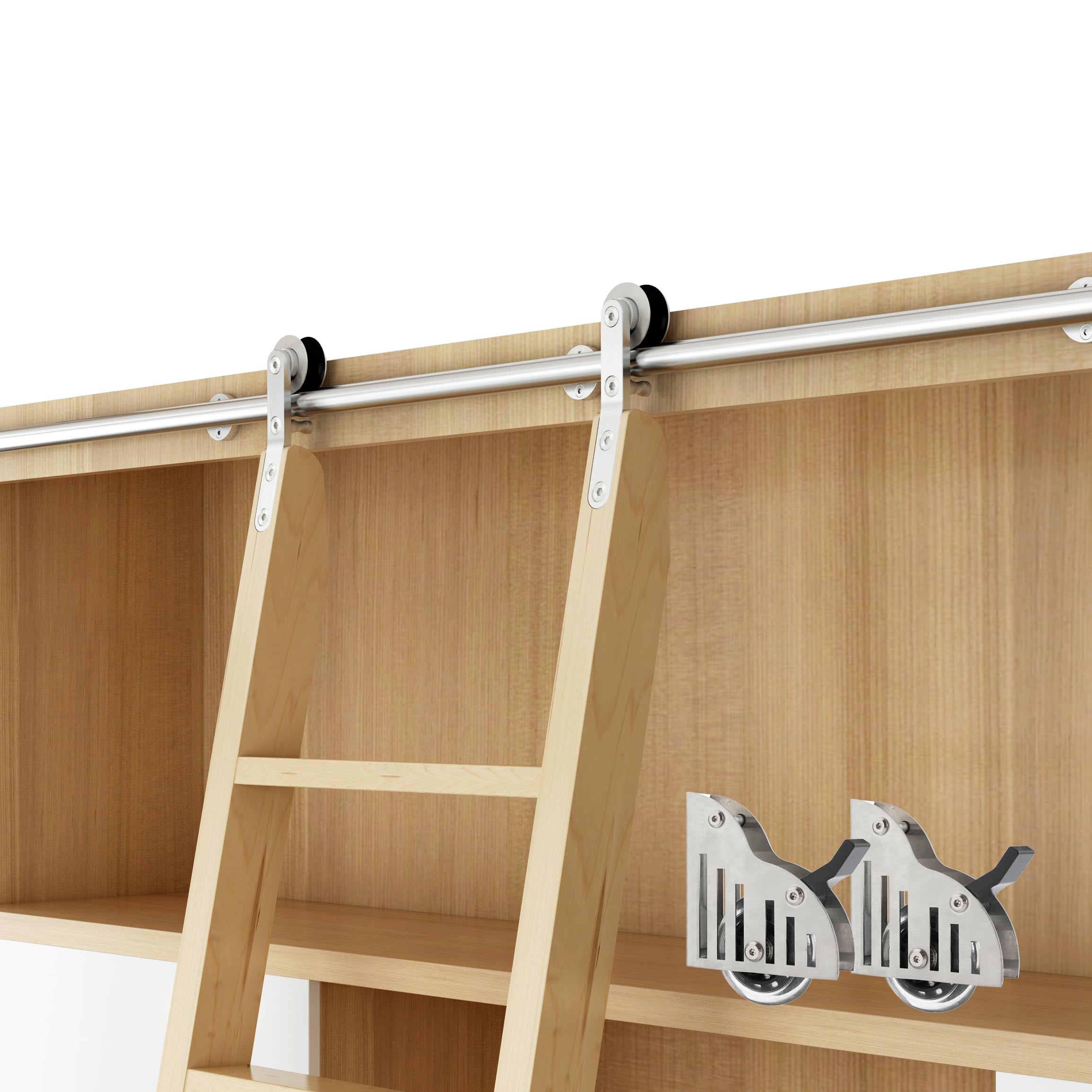 DIYHD 8FT Sliding Library Ladder Hardware,Bookcase Rolling Ladder Kit,Bottom Wheel with Brake,Stainless Steel,MAX Load Capacity 300lbs