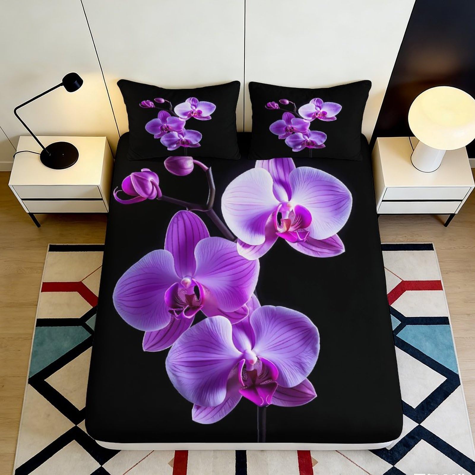 3D Printed Purple Orchid Fitted Sheet Microfiber Soft Non-Slip Floral Mattress Cover Bedroom Decor Easy Care 180x200x25cm