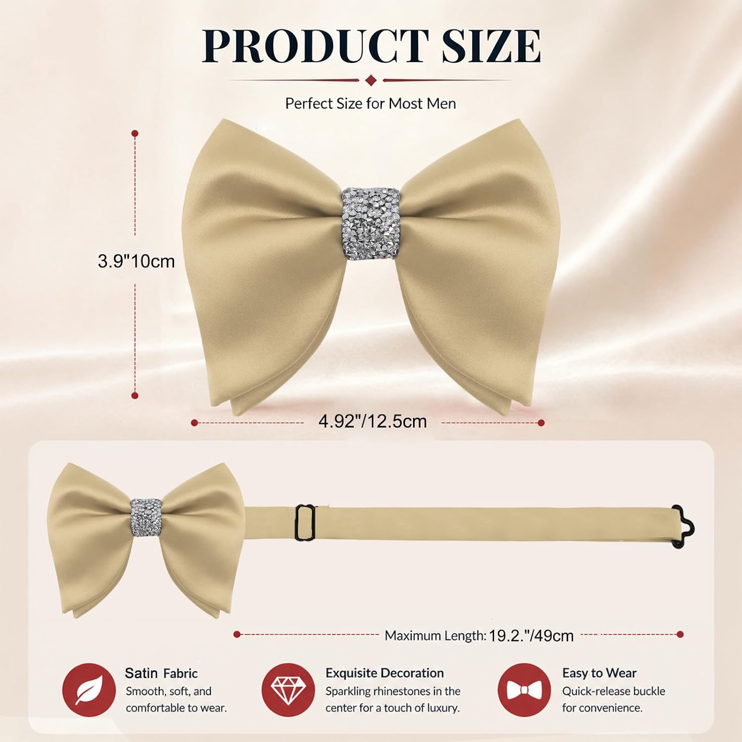 Oversized Bow Ties for Men, Satin Mens Bowtie with Rhinestones Large Men's Bowties for Wedding Party Prom Date
