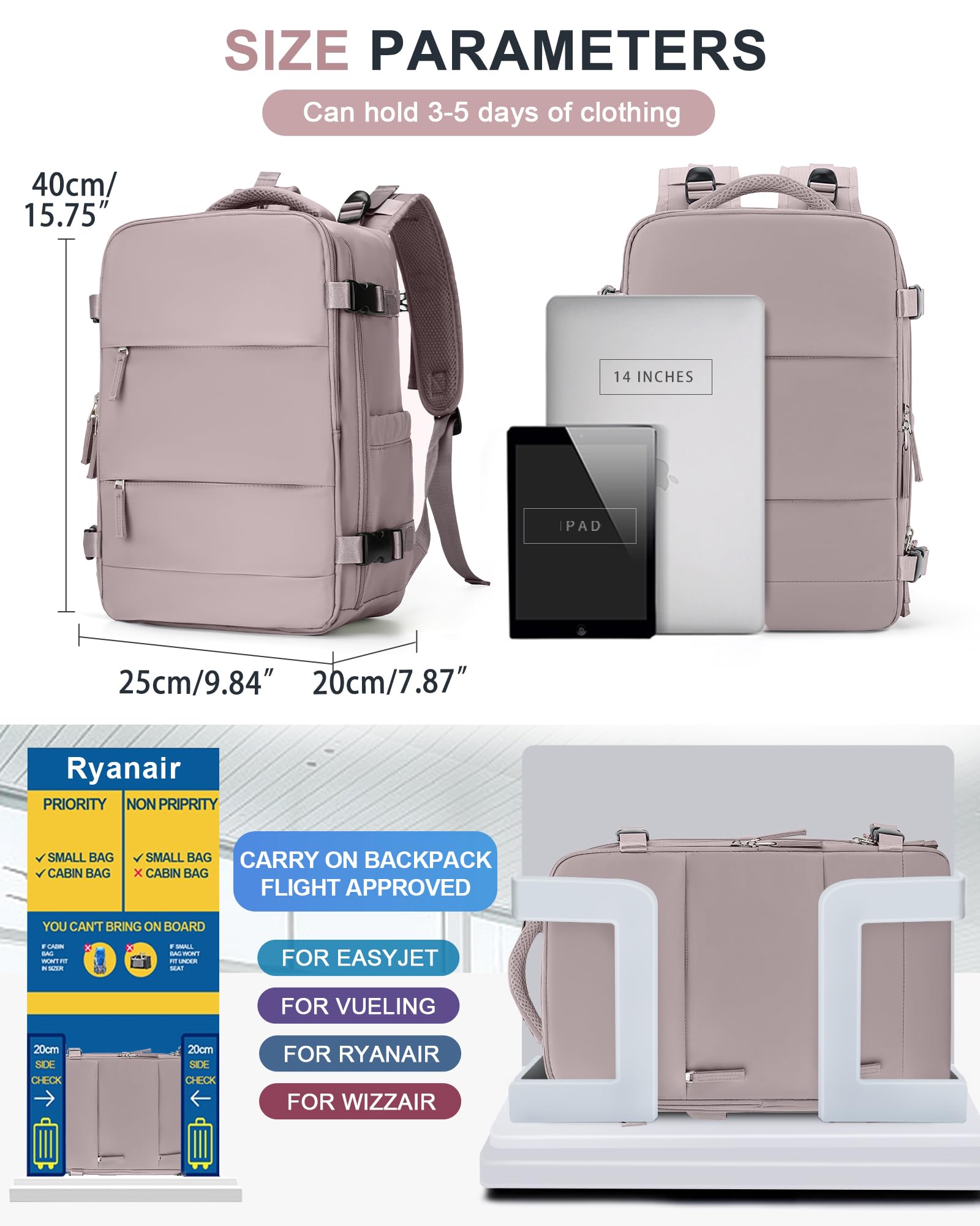 BJLFS Borse da Cabina per Ryanair 40x20x25 Bagaglio a Mano Zaino Borsa Zaino da Viaggio, Zaino da trekking,Zaino Easyjet 45x36x20,Zaino Casual per laptop da 14 pollici per scuola