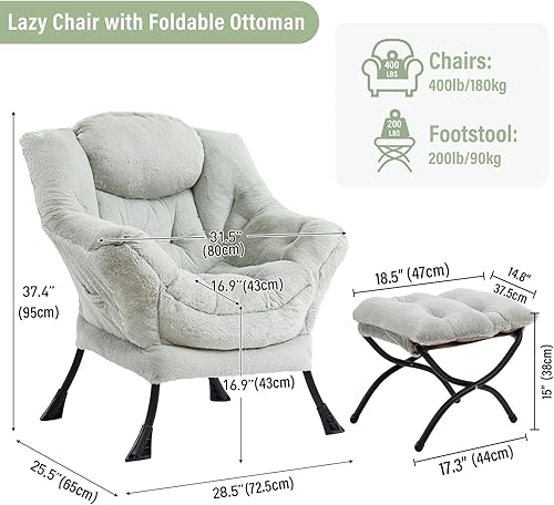Miniatura 2 de Silla Lazy con otomana, silla moderna con reposapiés plegable, silla de acento de salón, cómoda silla de lectura (verde felpa)