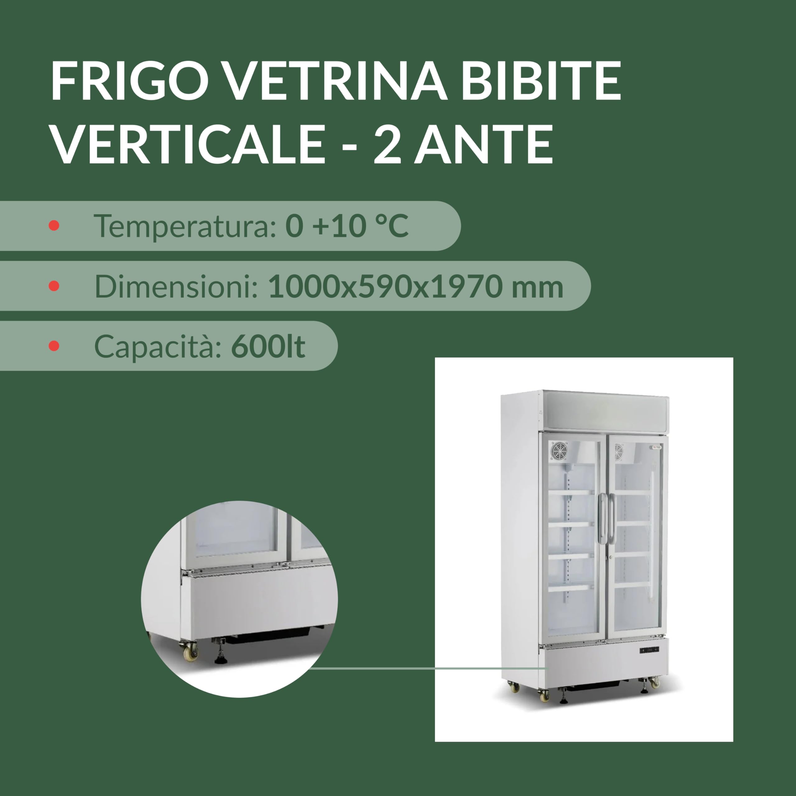 Ristoattrezzature Frigo Vetrina Bibite 2 Ante 600 lt - Bianca - 0/+10°C - LED e Serratura - 100x59x197h cm