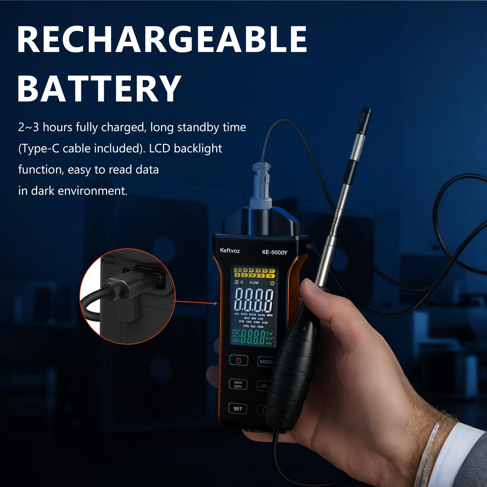 Digitales Heißdraht-Anemometer, Kethvoz HVAC Windgeschwindigkeitsmesser zur Messung der Luftgeschwindigkeit 0,1–30 m/s CFM/CMM Windstrom 0–999900 ft3/min Temperatur Feuchtigkeit