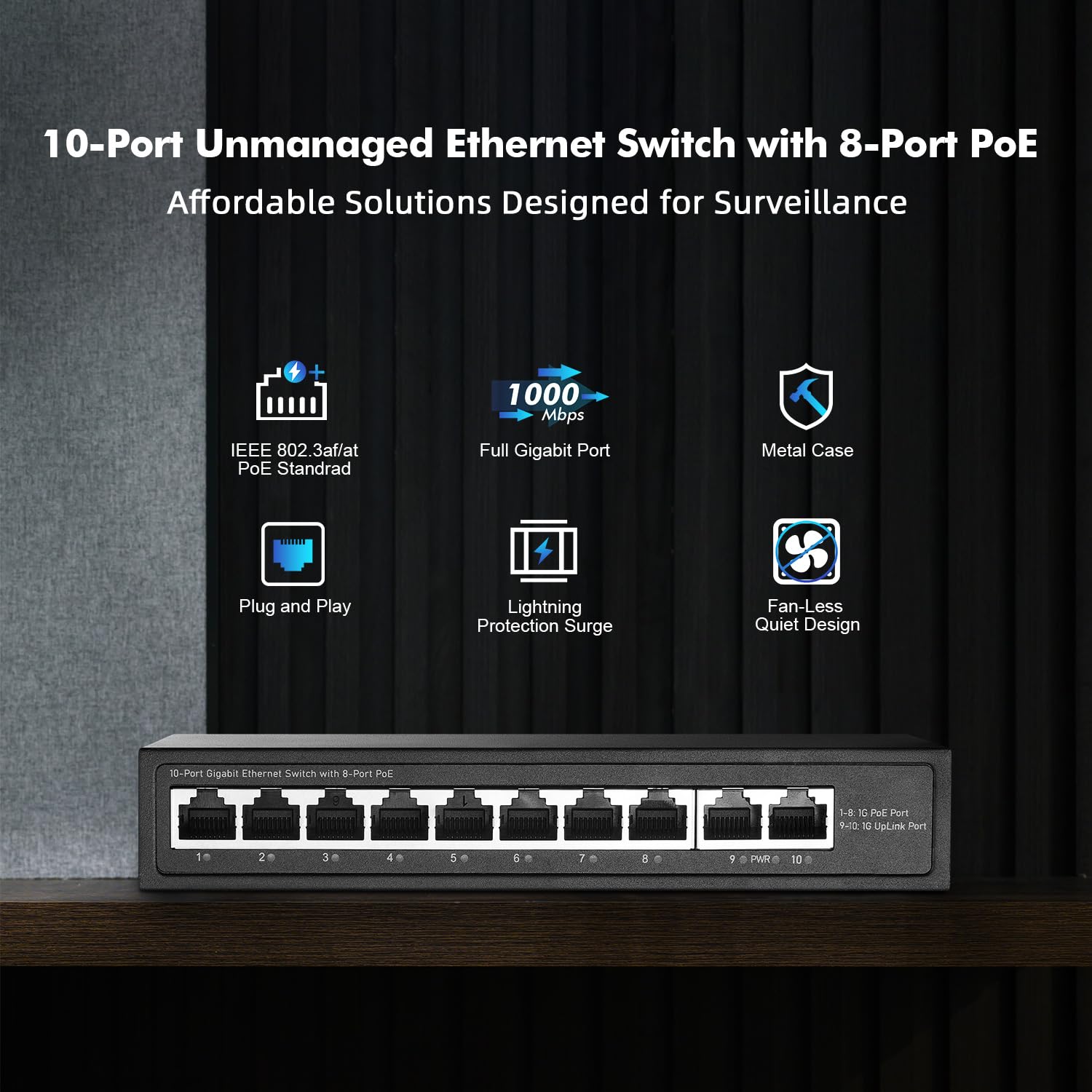 YuLinca 10 Port Mini Gigabit PoE Switch avec 8 Port PoE+, 2 Gigabit RJ45 Uplink, 10/100/1000Mbps, IEEE802.3af/at, Max 120W, Metal Fanless Plug & Play Ethernet Switch