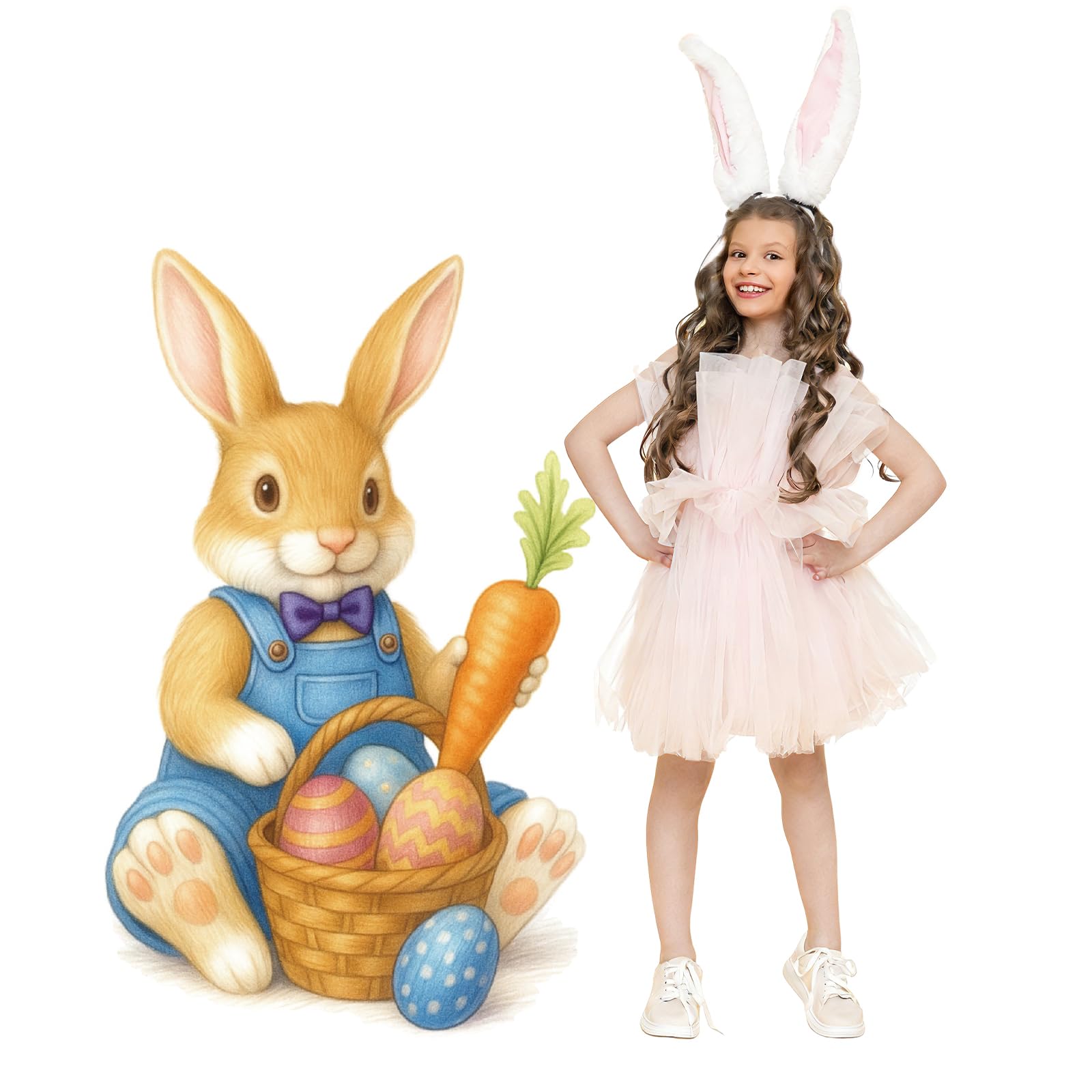 Tatuo 47" H Easter Bunny Cardboard Cutout Stand up Vintage Rabbit with Egg Carrot Standee Life Size Bunny Photo Props for Easter Large Backdrop Background Party Decorations