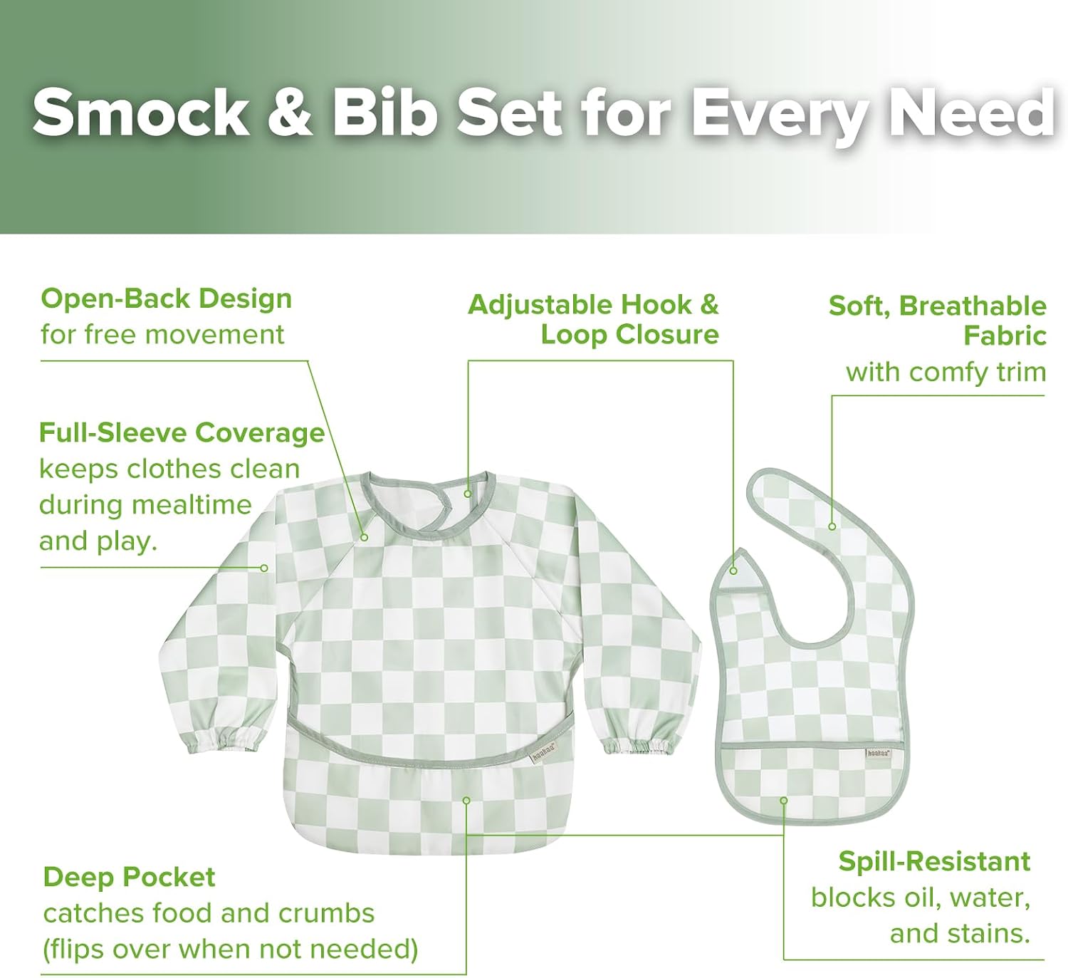 haakaa Waterproof Baby Bibs for Eating 2pcs for 6-24M, Wipeable + Adjustable Toddler Feeding Bibs with Catch-All Pocket