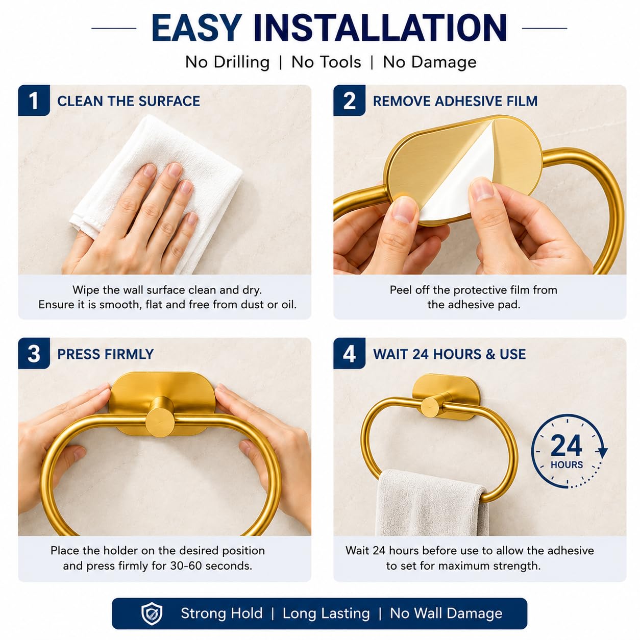 Self Adhesive Towel Ring Holder - No Drill! -6
