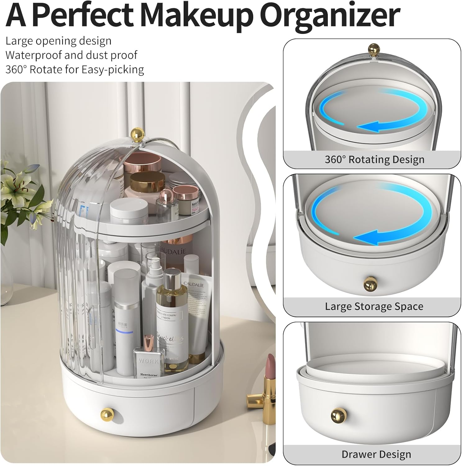Skincare Organizers with Lids, 360 Rotating Makeup Storage Organizer with Lipstick Holder,Cosmetics Skincare Organizers with Lid and Drawer Cosmetic Display Cases for Countertop (Clear-B)