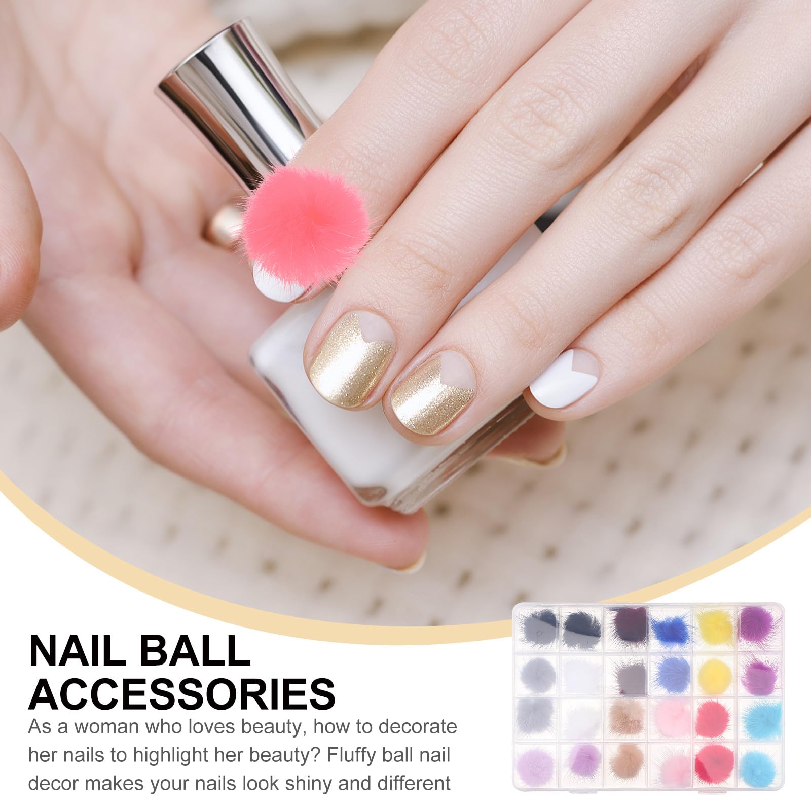 Kit Accessori Unghie 24 Pezzi Decorazioni per Nail Art Palle Soffici in Lana per Manicure Creativa Decorazione per Unghie Fai da Te