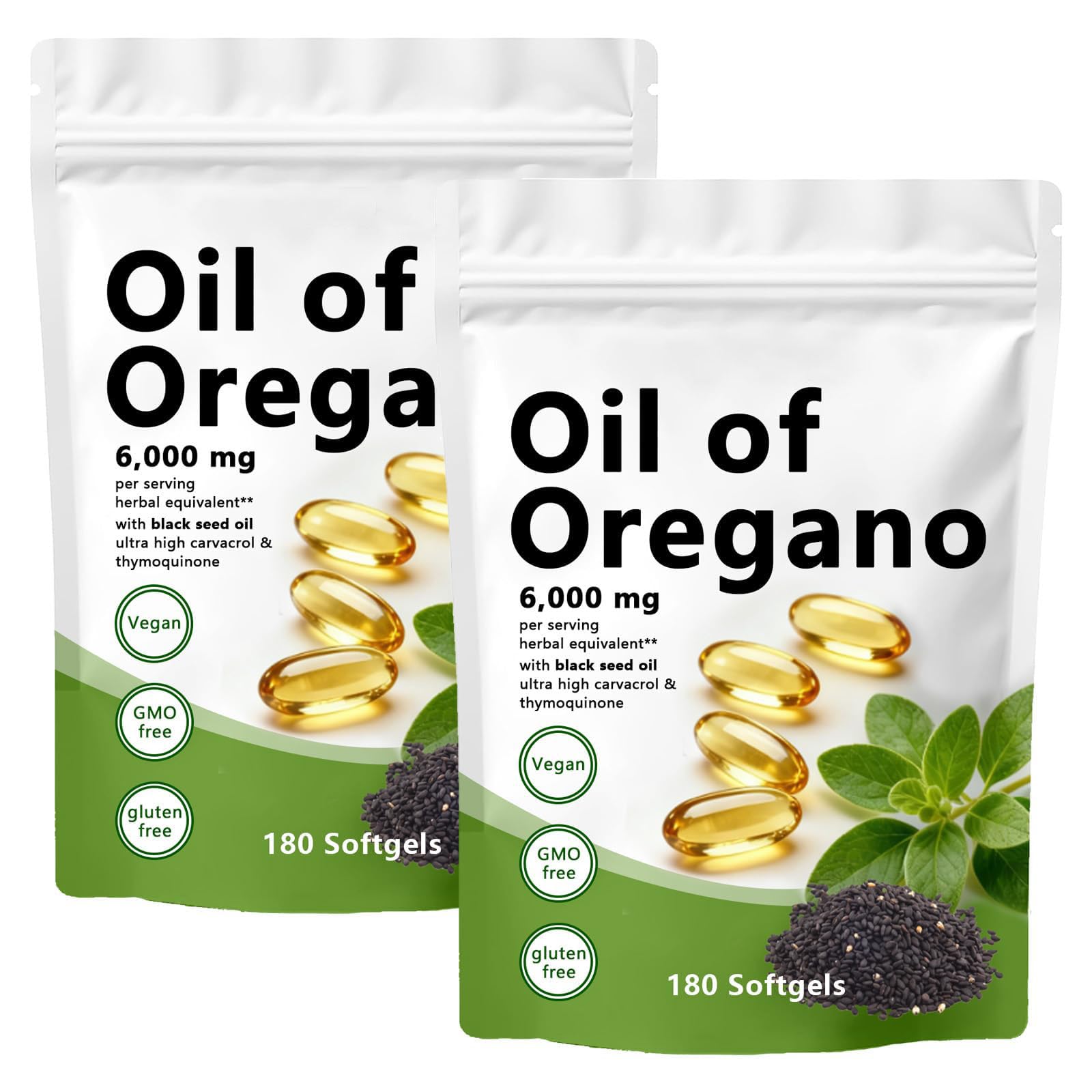 Olio di origano Softgels, 2 in 1 6000 mg olio di origano con oli di semi neri, capsule di integratore di origano, immunità naturale, facile da ingoiare, ricco di nutrienti, esperienza di benessere