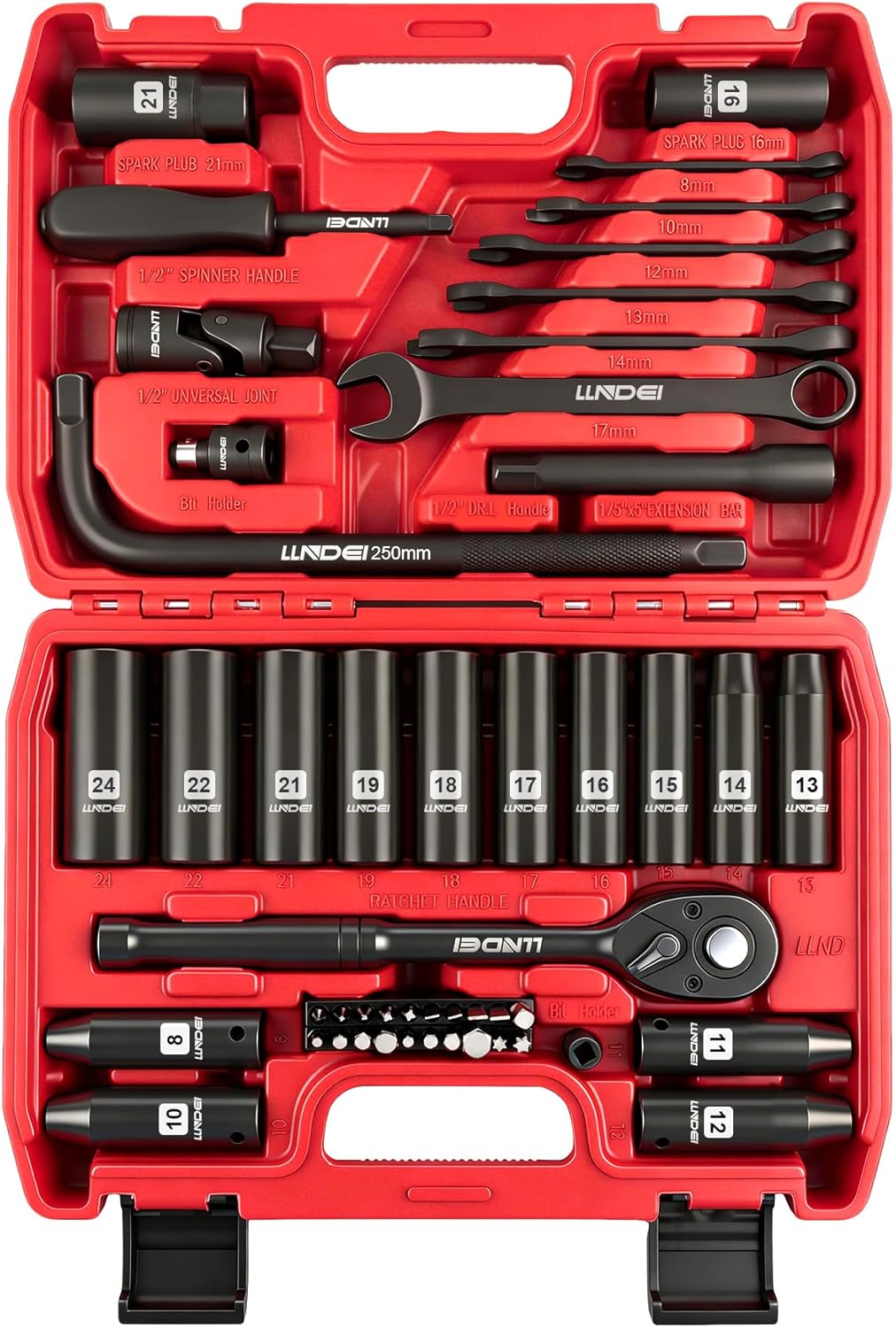 LLNDEI 1/2" Dr. Ratchet Impact Socket Wrench Set,Deep Sockets(8-24mm),Spark Plug Socket(16,21mm),49PCS, CR-V, Metric, With Combination Wrenches (8-17mm)