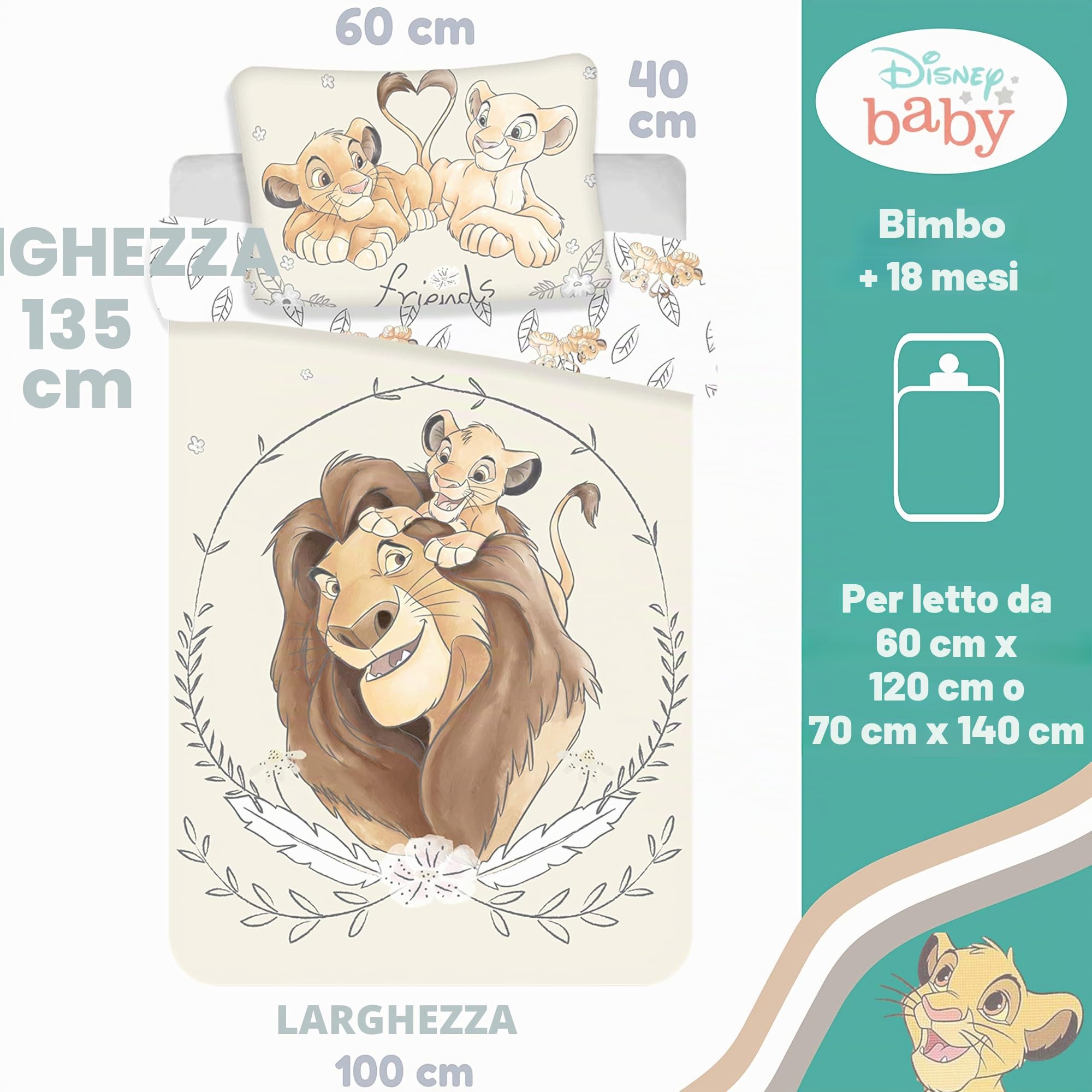Disney, Il Re Leone, Simba e Mufasa, set di biancheria per lettino, copripiumino e federa, 100% cotone, 100 x 135 cm