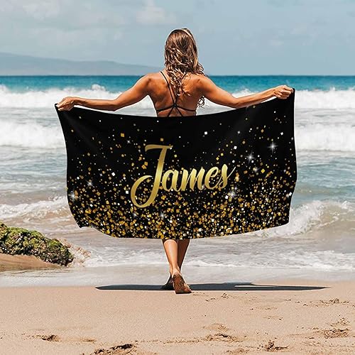 Miniatura 2 de Toalla de playa personalizada con texto dorado brillante, color negro, piscina, natación, viajes, grande, suave, ligera, texto personalizado,
