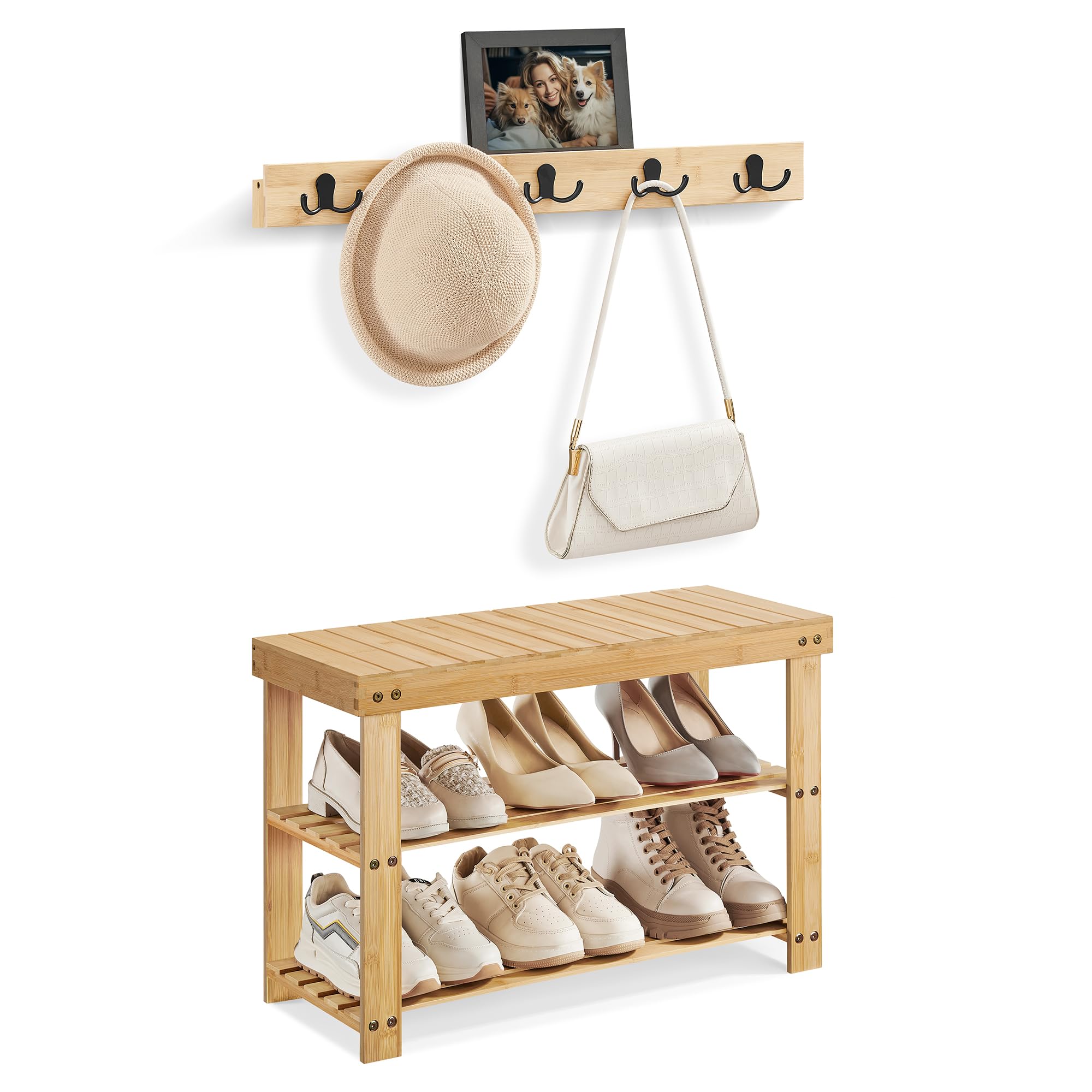 Photo 1 of SONGMICS Hall Tree with Bench, Coat Rack Shoe Bench Set, Entryway Furniture, Multifunctional, 5 Double Metal Hooks, 3-Tier Bamboo Shoe Rack, for Entryway, Hallway, Bedroom, Natural Beige ULCR004N01