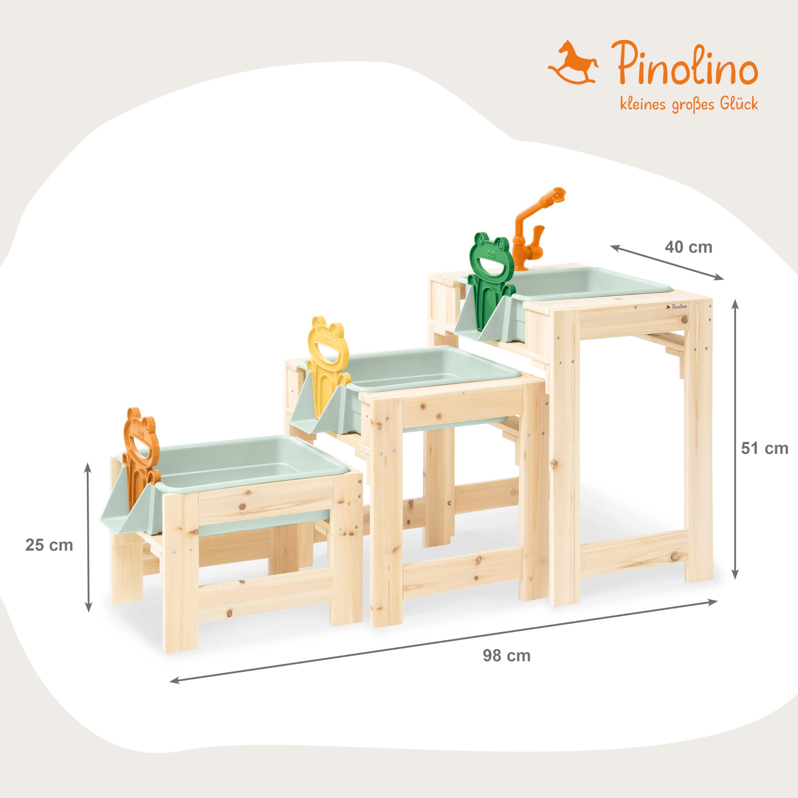 PINOLINO Juego de mesa de juegos de agua Frolino, 3 piezas, juguete acuático para exteriores, juguete de madera para jardín, con grifo y conexión de manguera, 3 mesas de juego con bañeras, a partir de