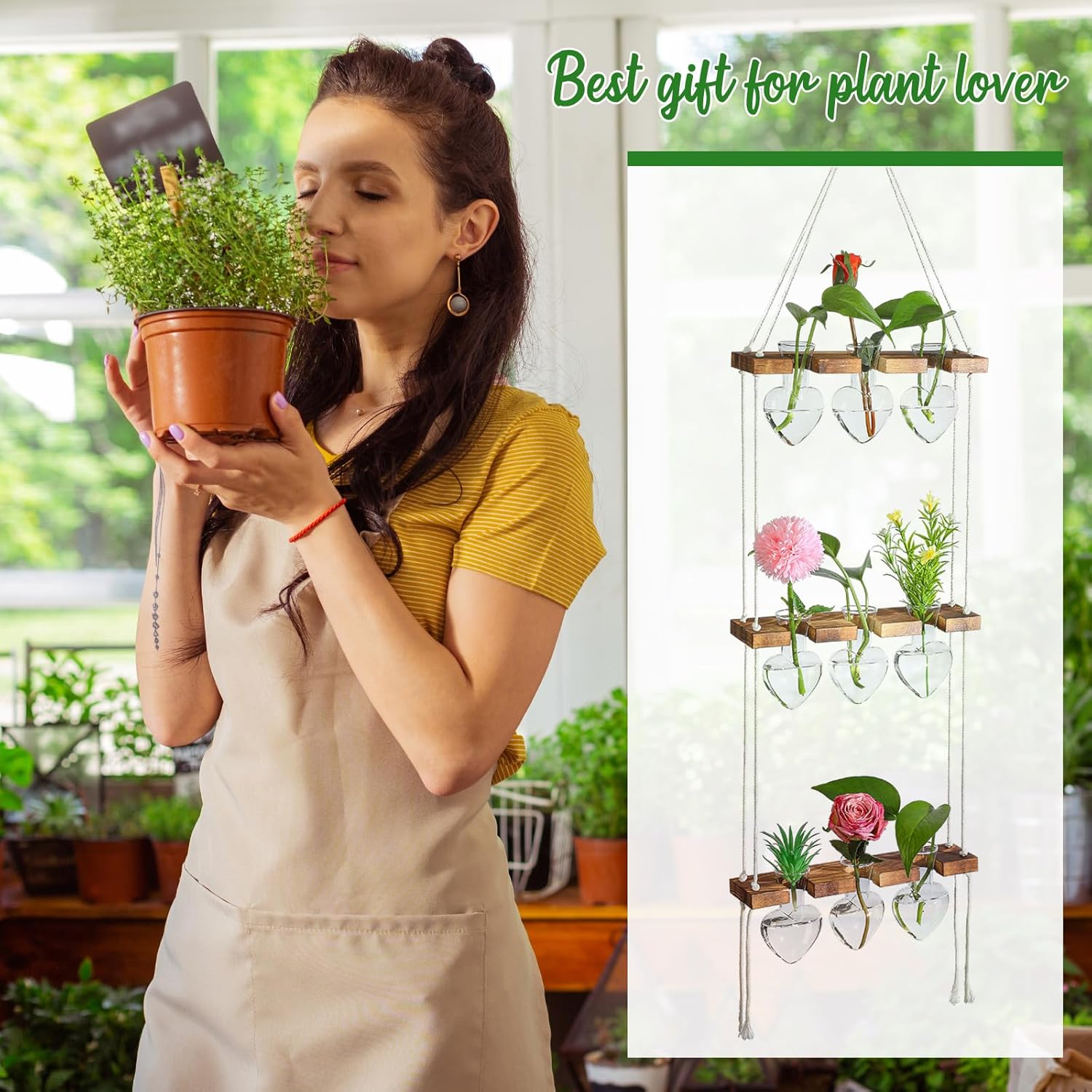 Leinuosen Wall Hanging Plant Propagation Stations Valentines Gifts for Her Plant Lovers 3 Tiered 9 Heart Shaped Glass Vases Terrarium with Wooden Stand for Hydroponics Indoor Home Decor(Clear) - Image 3