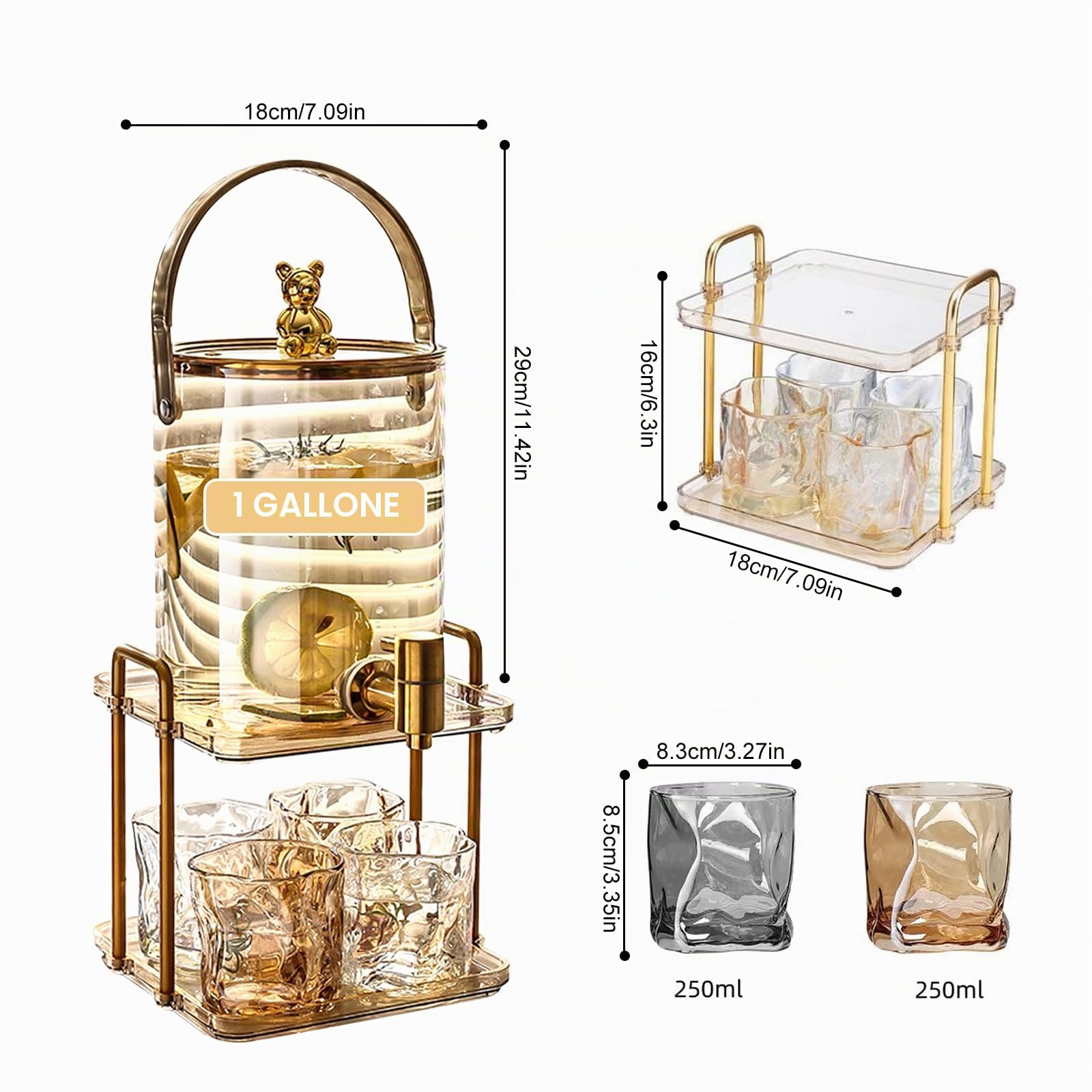 Dispenser per bevande in vetro, con rubinetto in acciaio inox e supporto, per bevande fredde con 4 bicchieri di bibite per feste (3000 ml)