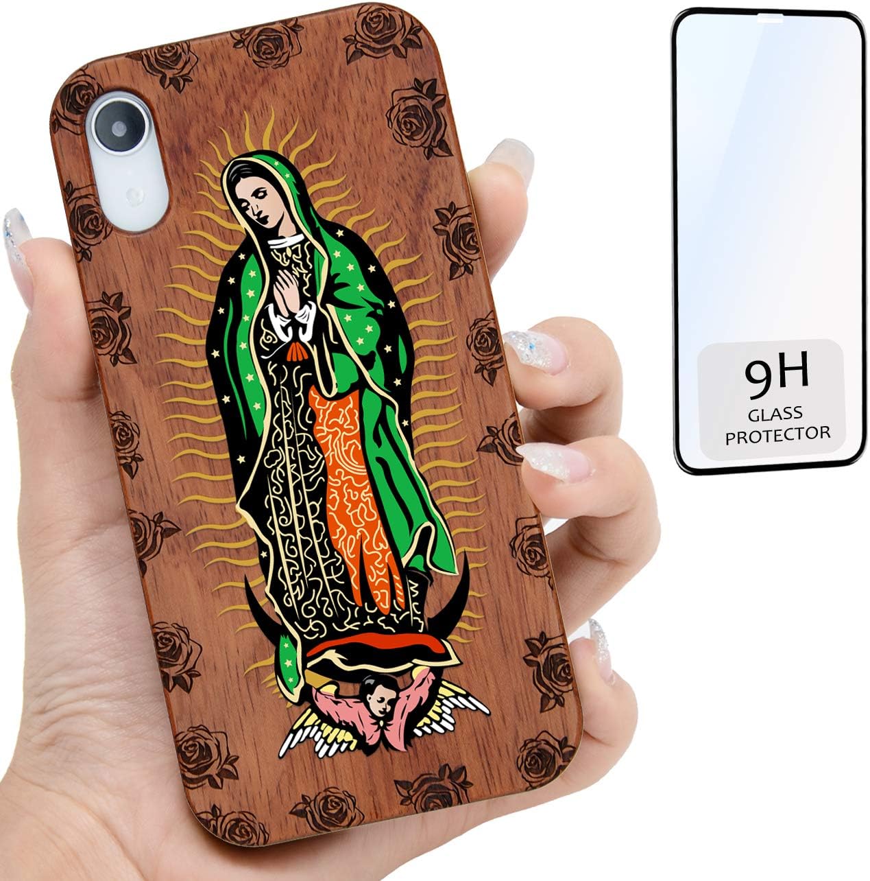 iProductsUS Wood Phone Case Compatible with iPhone X, XS and Screen Protector, UV Print Virgin Mary, Engrave Roses, Built-in Metal Plate, Compatible Wireless Charger,TPU Shockproof Cover (5.8 inch)
