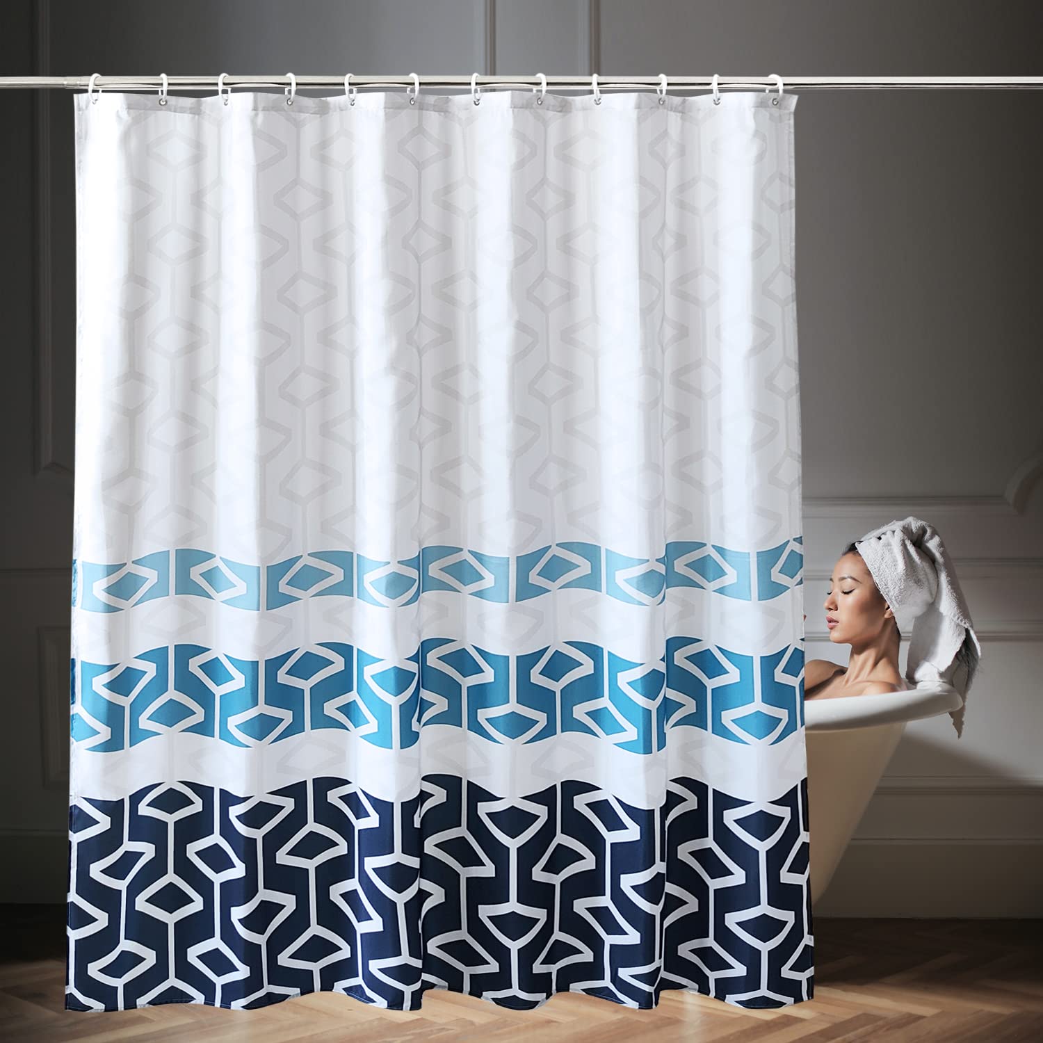 WedDecor Geometric Design Shower Curtain, Navy Blue & White, 180x180cm