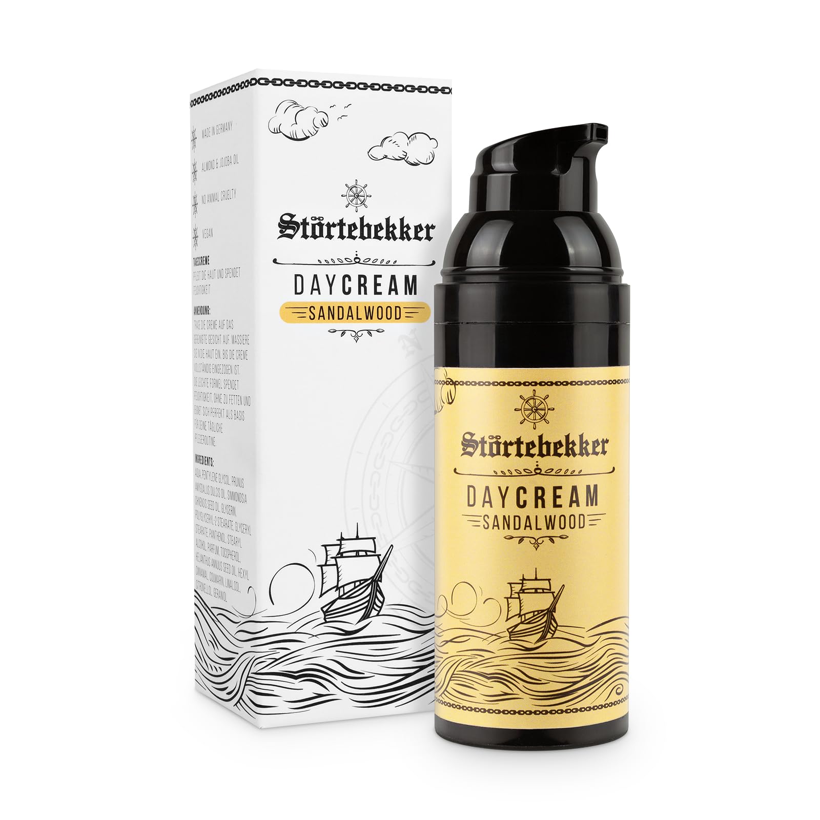 Störtebekker® Premium Tagescreme Sandelholz - Enthält hochwertiges Mandelöl und Jojobaöl gegen Irritationen - Angenehmer Sandelholz Duft - Männer/Herren Geschenkidee - 50ml - Made in Germany