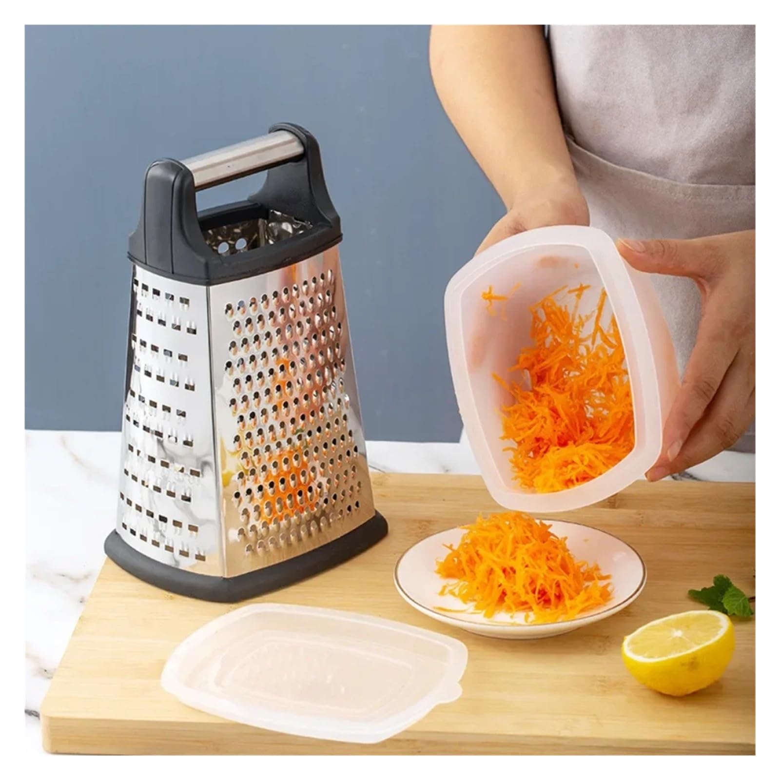 Affettatrice per Verdure, Grattugia for Formaggio a Quattro Lati con Contenitore, affettatrice Multiuso in Acciaio Inox(Large)