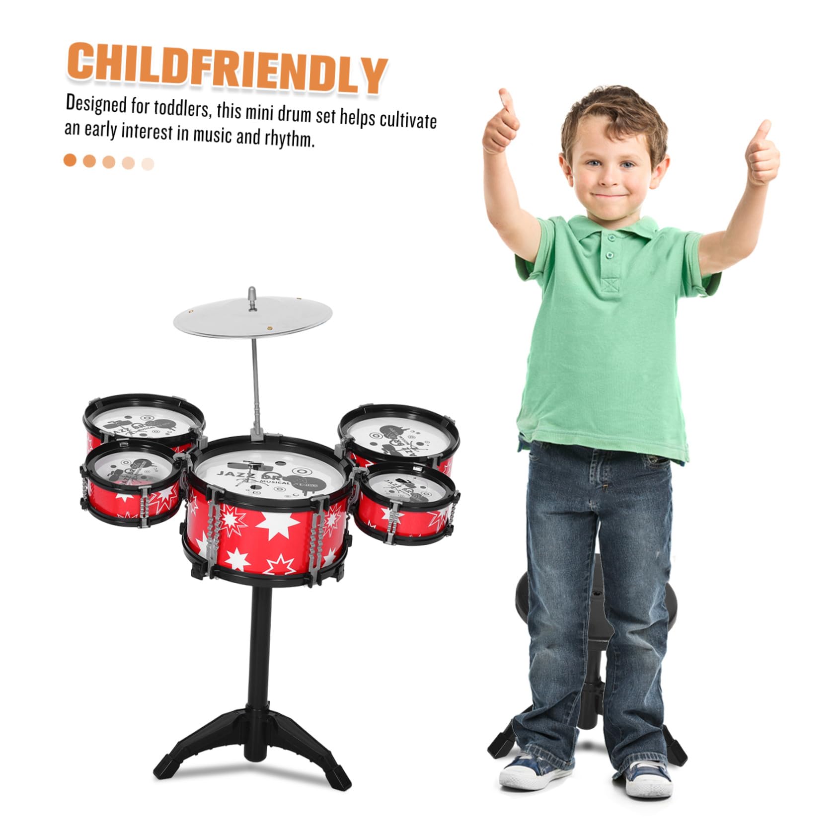 Mini Batteria Jazz Giocattolo per Bambini, Plastica Rossa