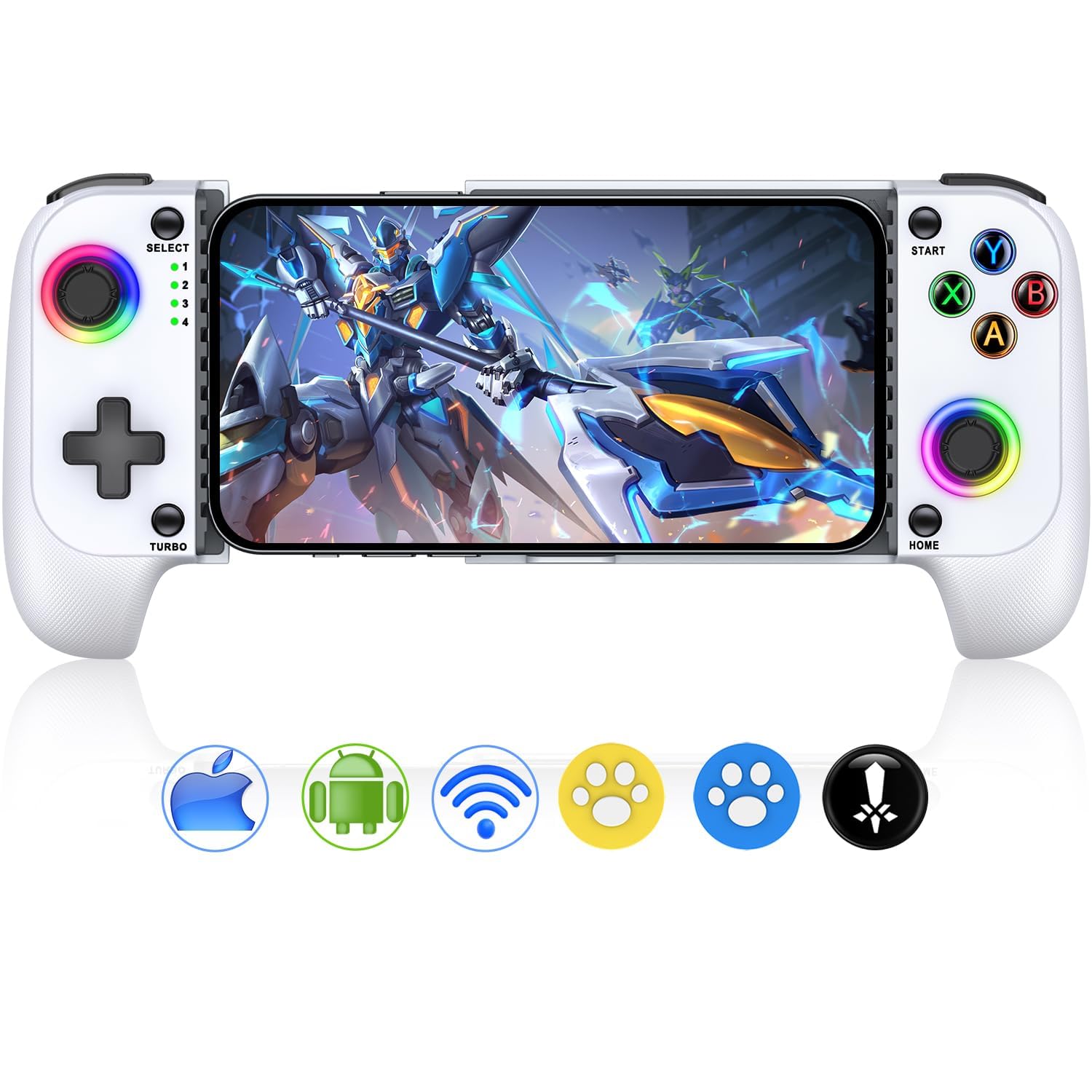 PunnkFunnk Bluetooth Smartphone Gamepad with iPhone/Android, XBOX, PC, PS4, PS3 HID & Keymap modes | Bluetooth v5.0 | Dual Vibration motors | Magnetic Hall 3D Joysticks | RGB Lighting & Backlit(White)